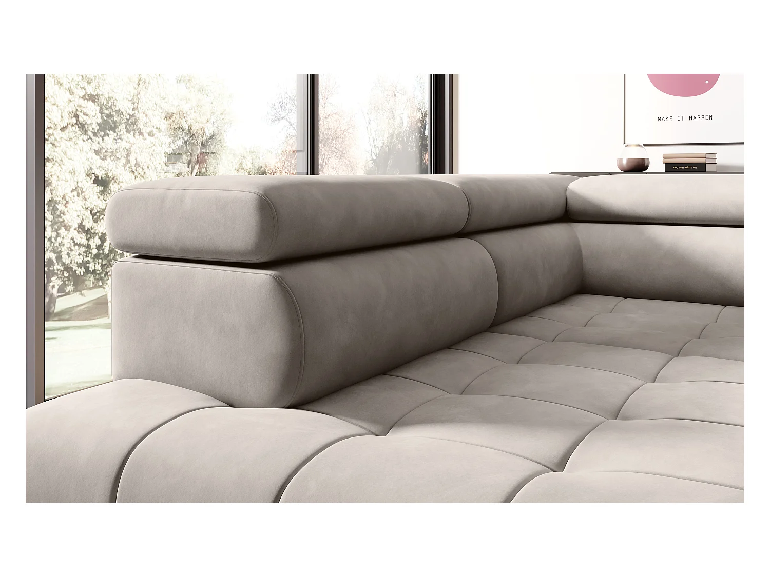 Canapé d'angle lit, têtières réglables, méridienne gauche, 278×197×76/98 cm, tissu rose poudré