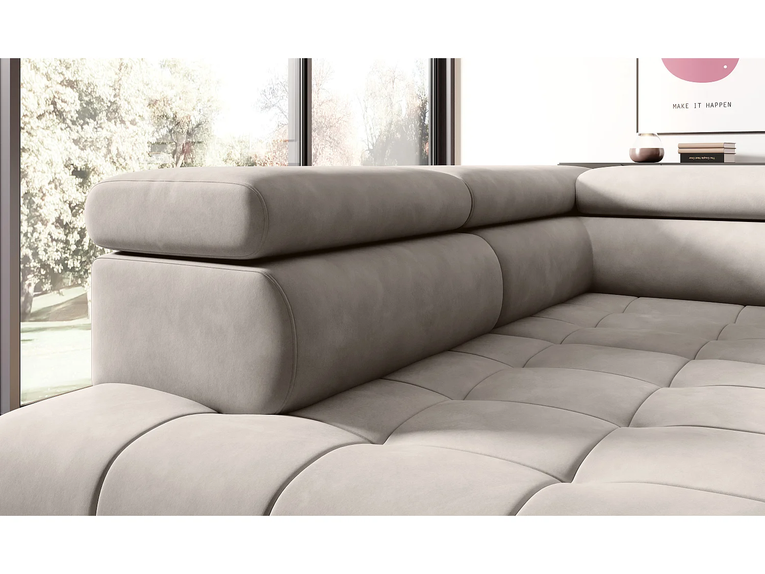 Canapé d'angle lit, têtières réglables, méridienne gauche, 278×197×76/98 cm, tissu rose poudré