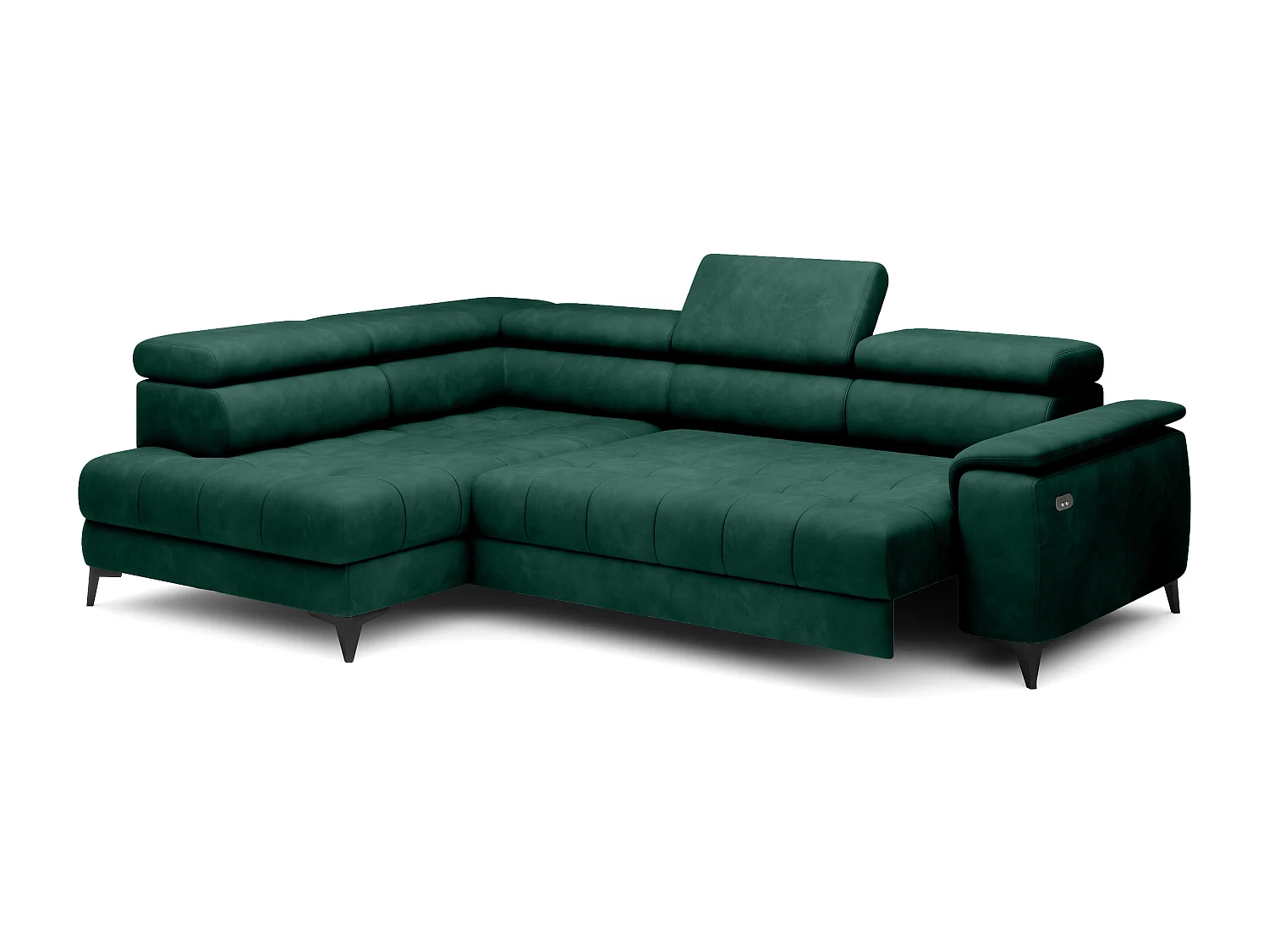 Canapé d'angle lit, têtières réglables, méridienne gauche, 278×197×76/98 cm, tissu vert bouteille