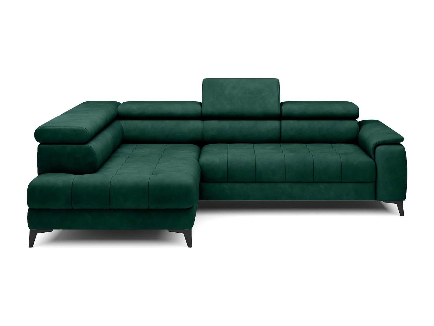 Canapé d'angle lit, têtières réglables, méridienne gauche, 278×197×76/98 cm, tissu vert bouteille