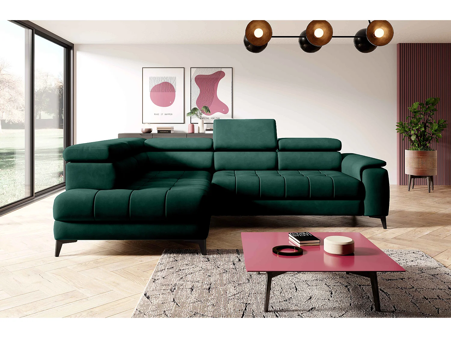 Canapé d'angle lit, têtières réglables, méridienne gauche, 278×197×76/98 cm, tissu vert bouteille