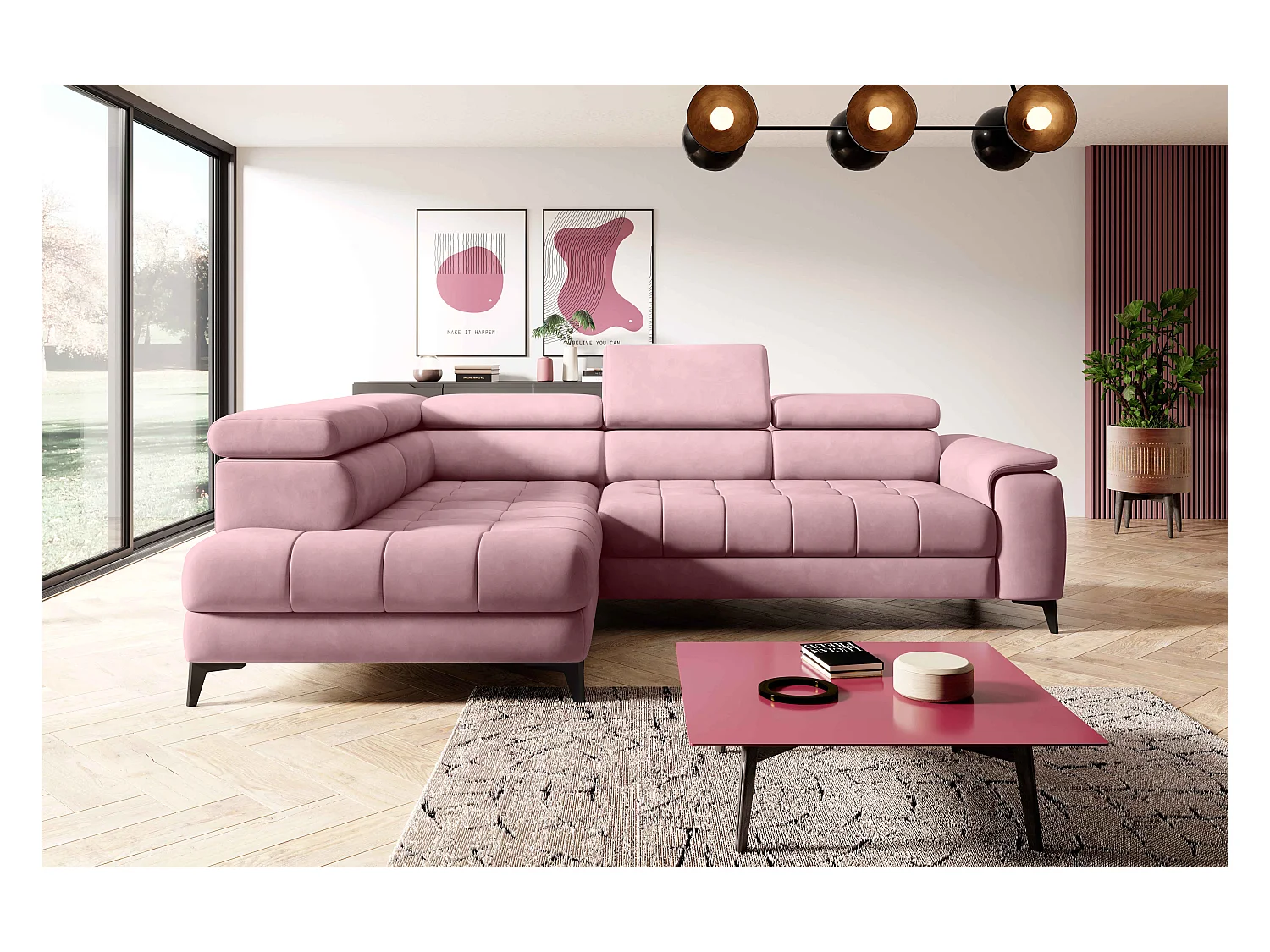 Canapé d'angle lit, têtières réglables, méridienne gauche, 278×197×76/98 cm, tissu argenté