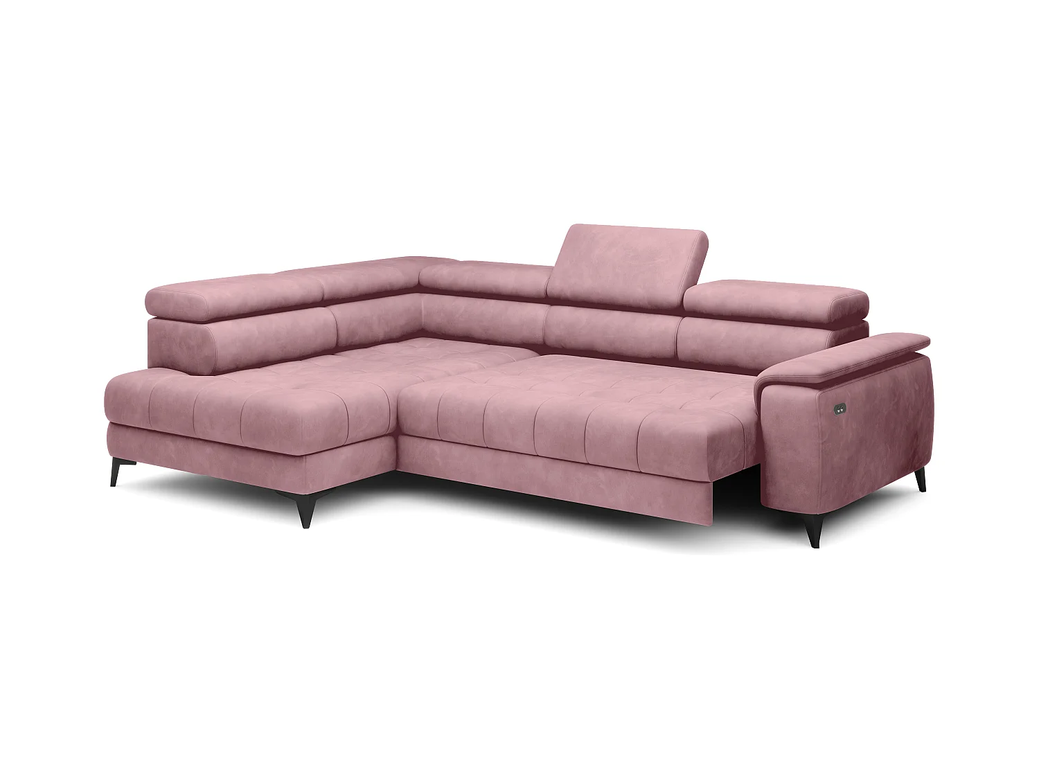 Canapé d'angle lit, têtières réglables, méridienne gauche, 278×197×76/98 cm, tissu argenté