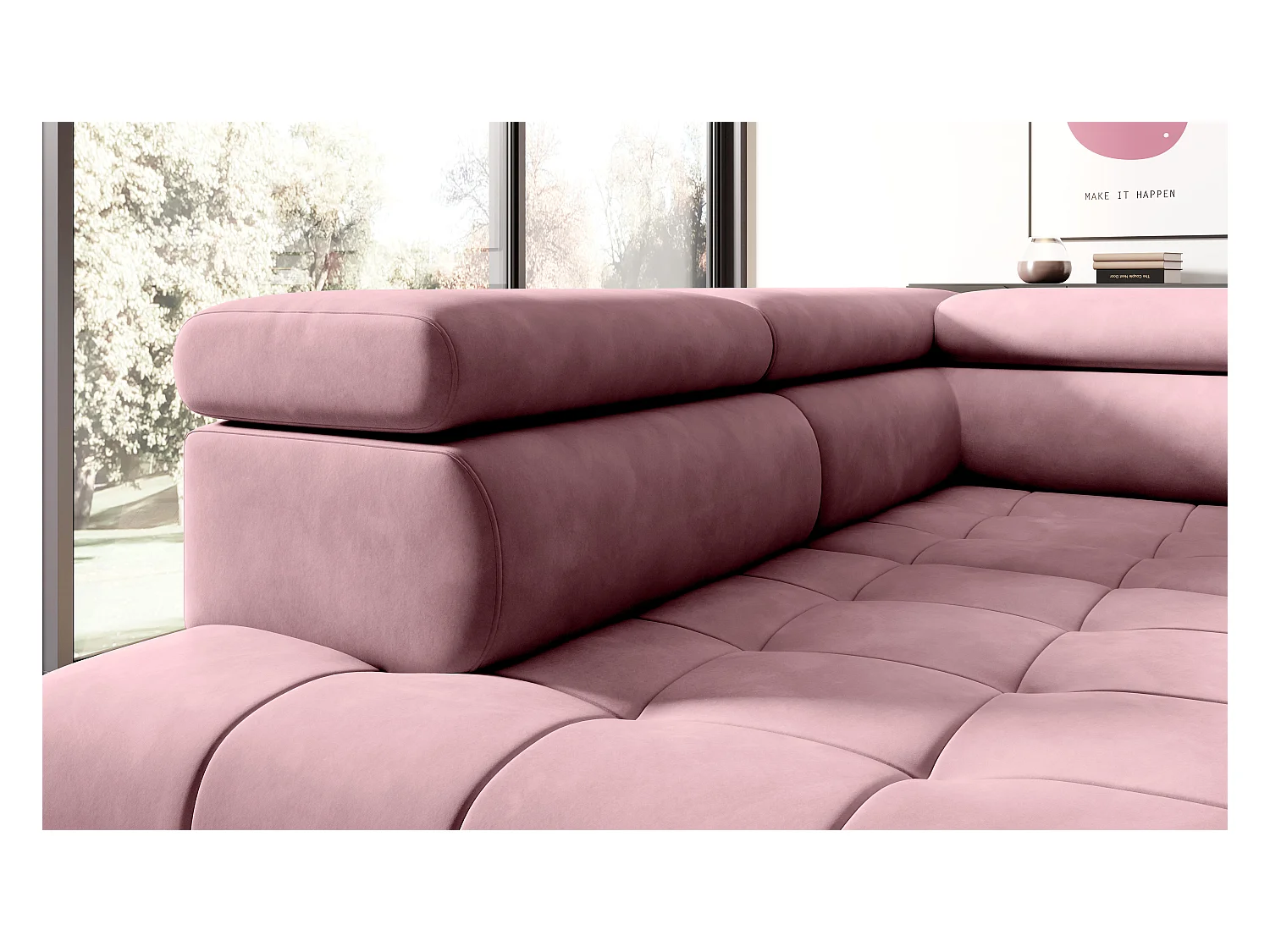 Canapé d'angle lit, têtières réglables, méridienne gauche, 278×197×76/98 cm, tissu argenté