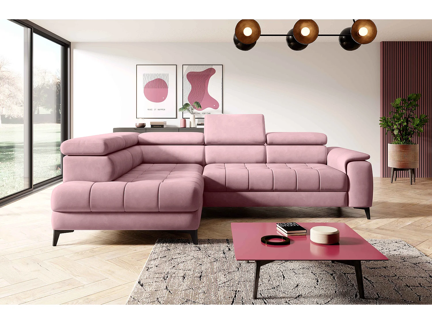 Canapé d'angle lit, têtières réglables, méridienne gauche, 278×197×76/98 cm, tissu argenté