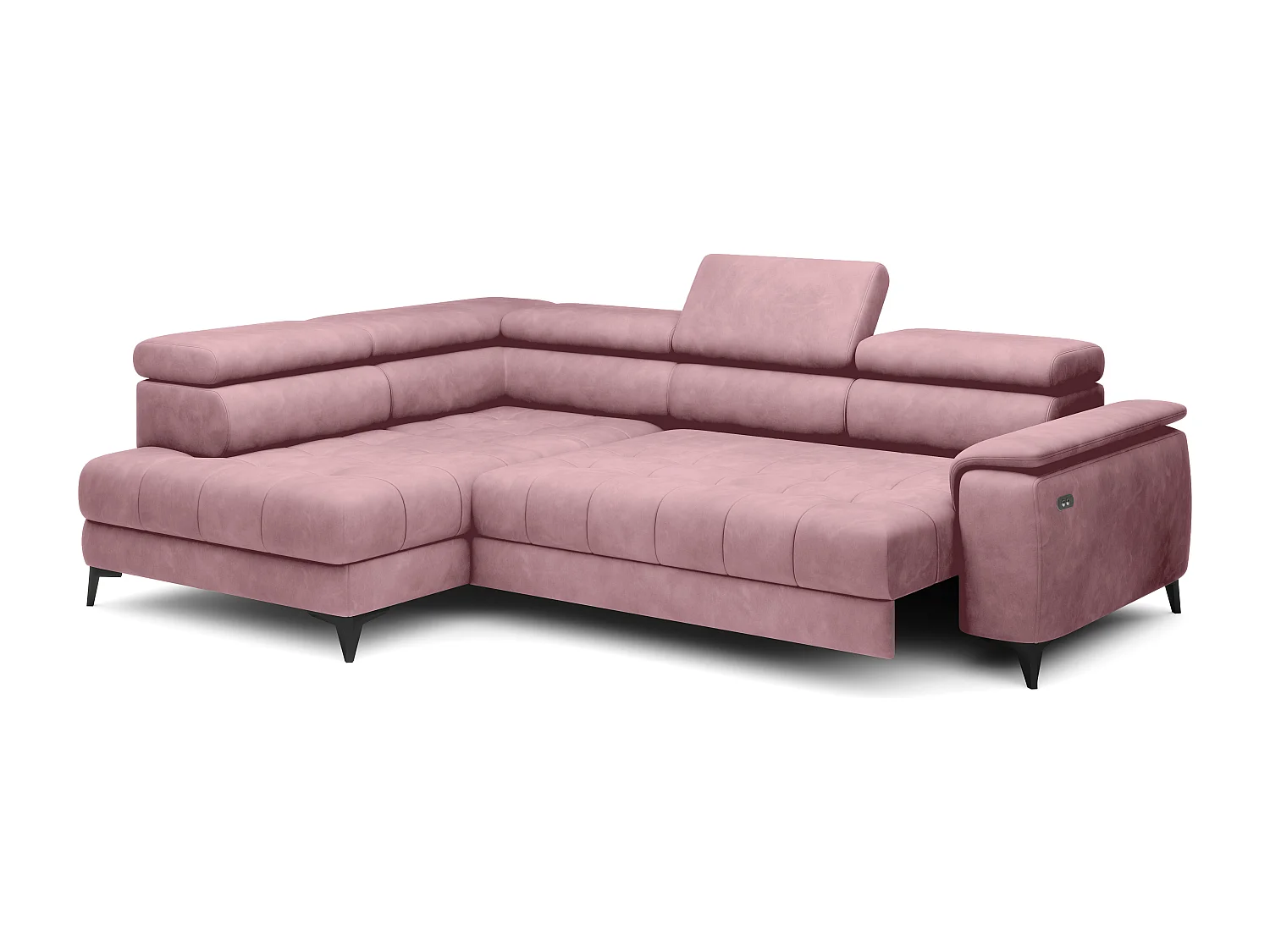 Canapé d'angle lit, têtières réglables, méridienne gauche, 278×197×76/98 cm, tissu argenté