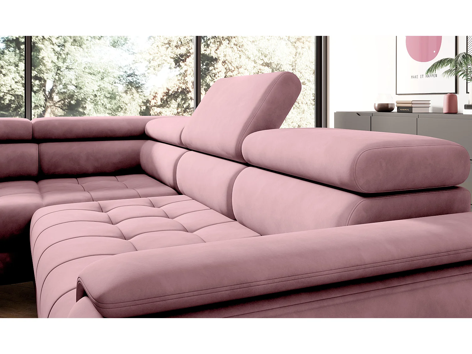 Canapé d'angle lit, têtières réglables, méridienne gauche, 278×197×76/98 cm, tissu argenté