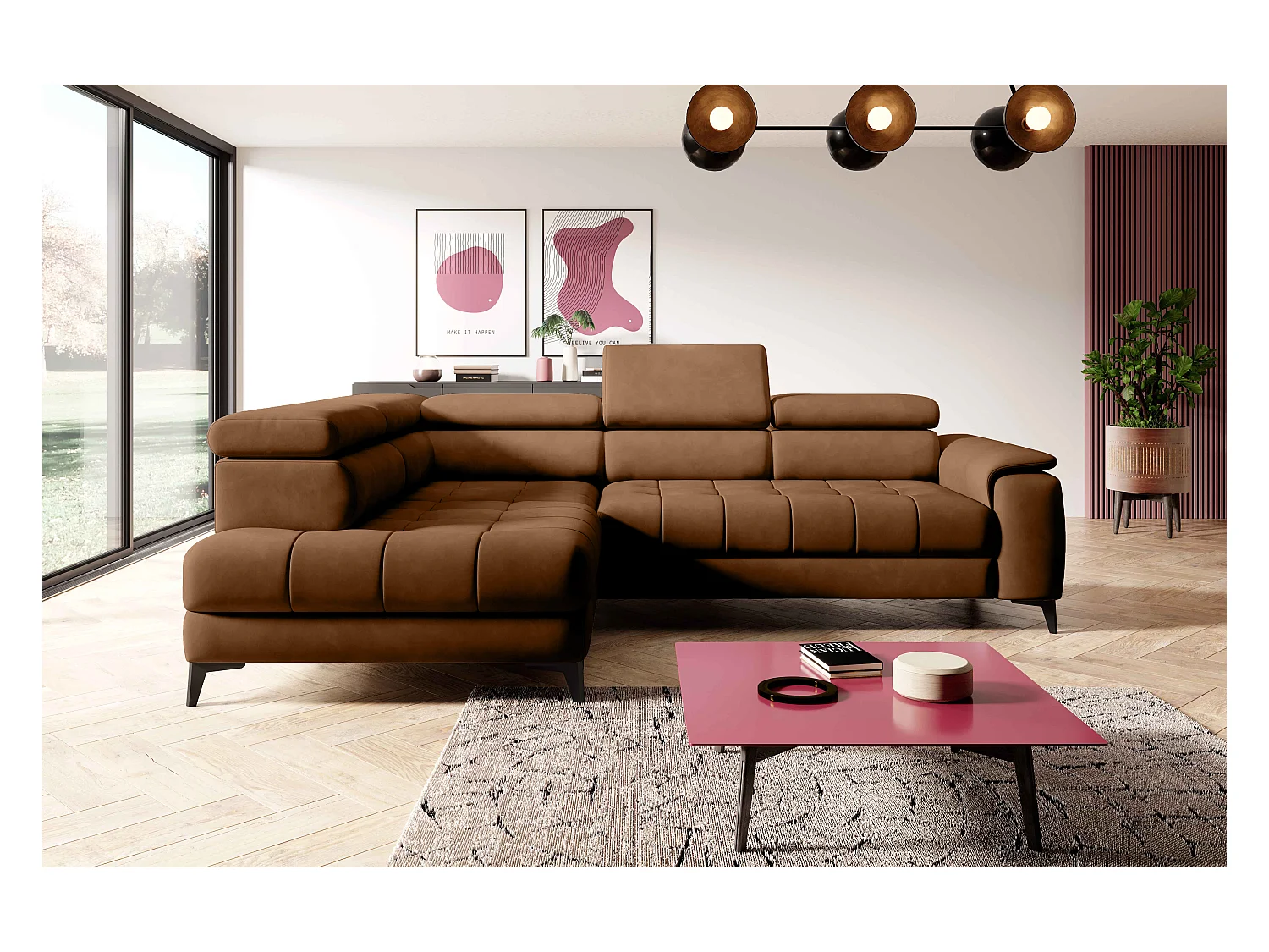 Canapé d'angle lit, têtières réglables, méridienne gauche, 278×197×76/98 cm, tissu brun clair