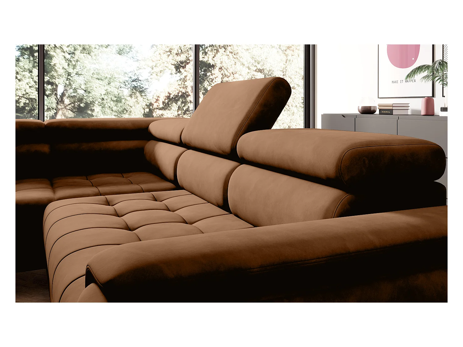 Canapé d'angle lit, têtières réglables, méridienne gauche, 278×197×76/98 cm, tissu brun clair