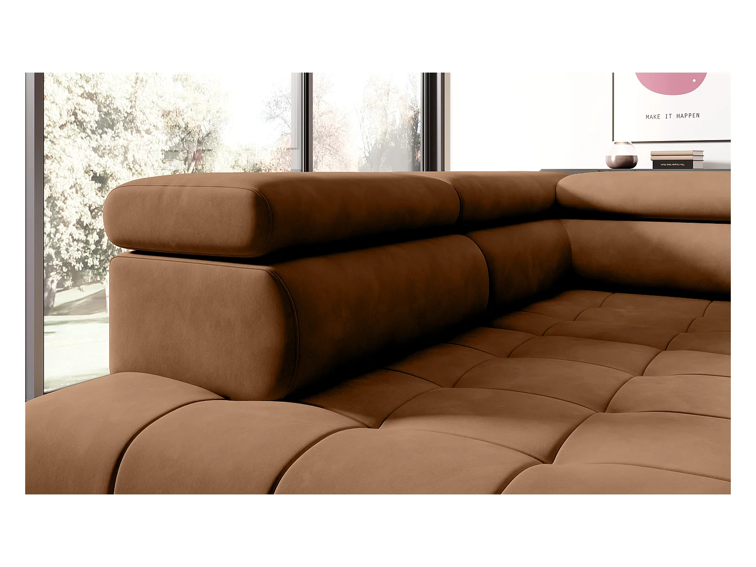 Canapé d'angle lit, têtières réglables, méridienne gauche, 278×197×76/98 cm, tissu brun clair