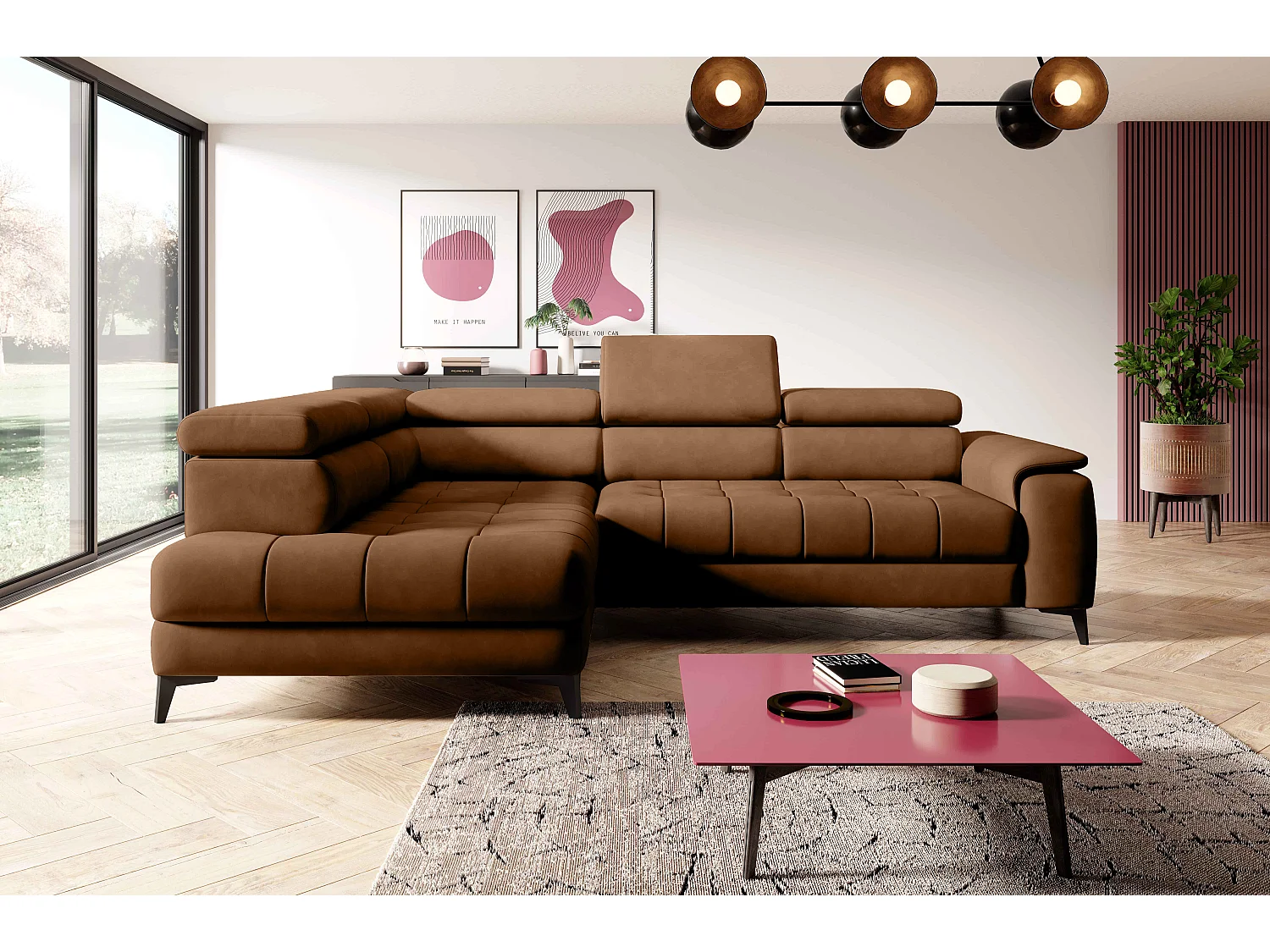 DomoHome Ecksofa Freistehend Mit Schlaffunktion Und Verstellbaren Kopfstützen, Chaiselongue, Linke Seite, 278×197×76/98 cm, Stoffbezug In Hellbraun