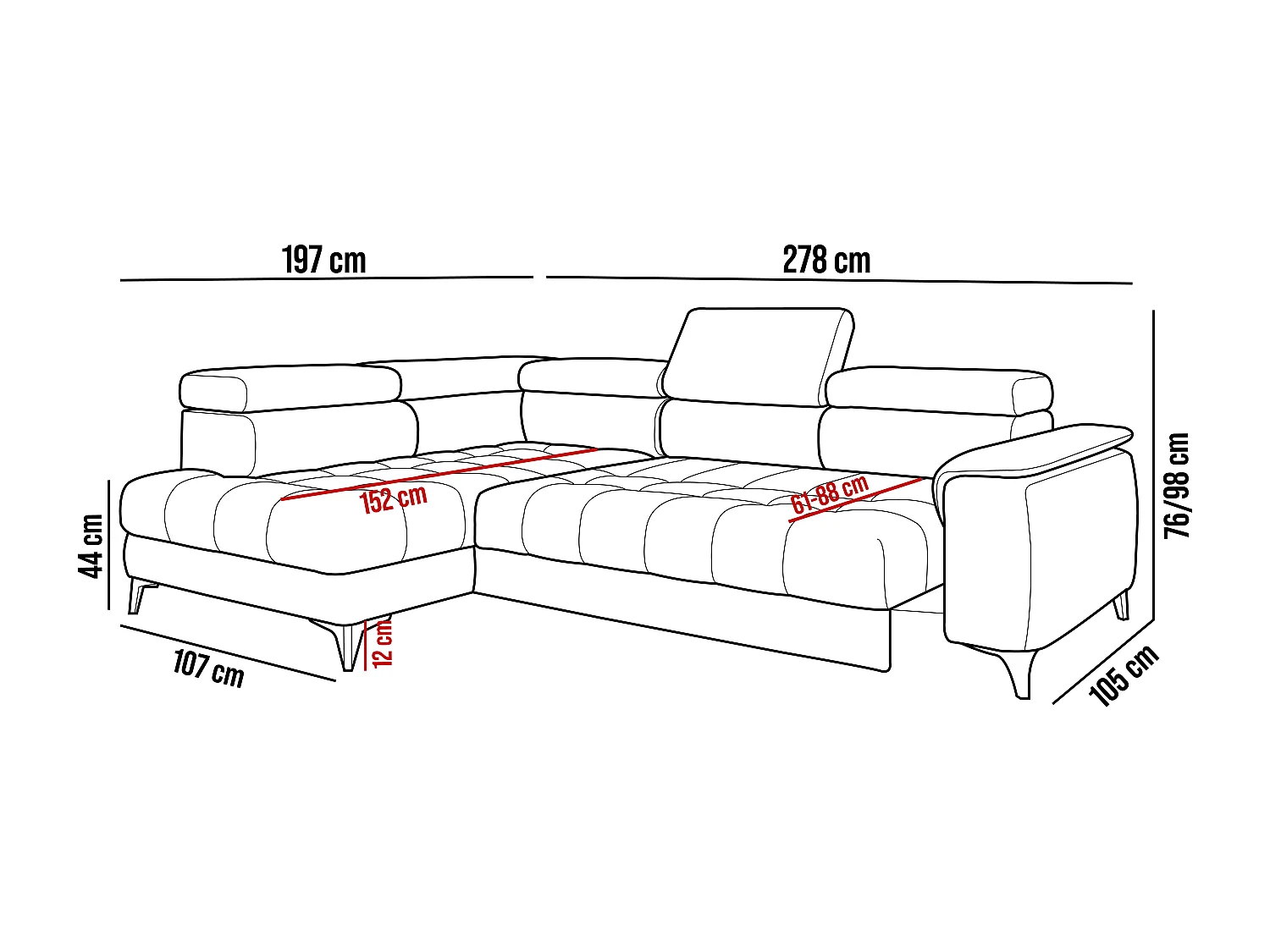 DomoHome Ecksofa Freistehend Mit Schlaffunktion Und Verstellbaren Kopfstützen, Chaiselongue, Linke Seite, 278×197×76/98 cm, Stoffbezug In Hellbraun