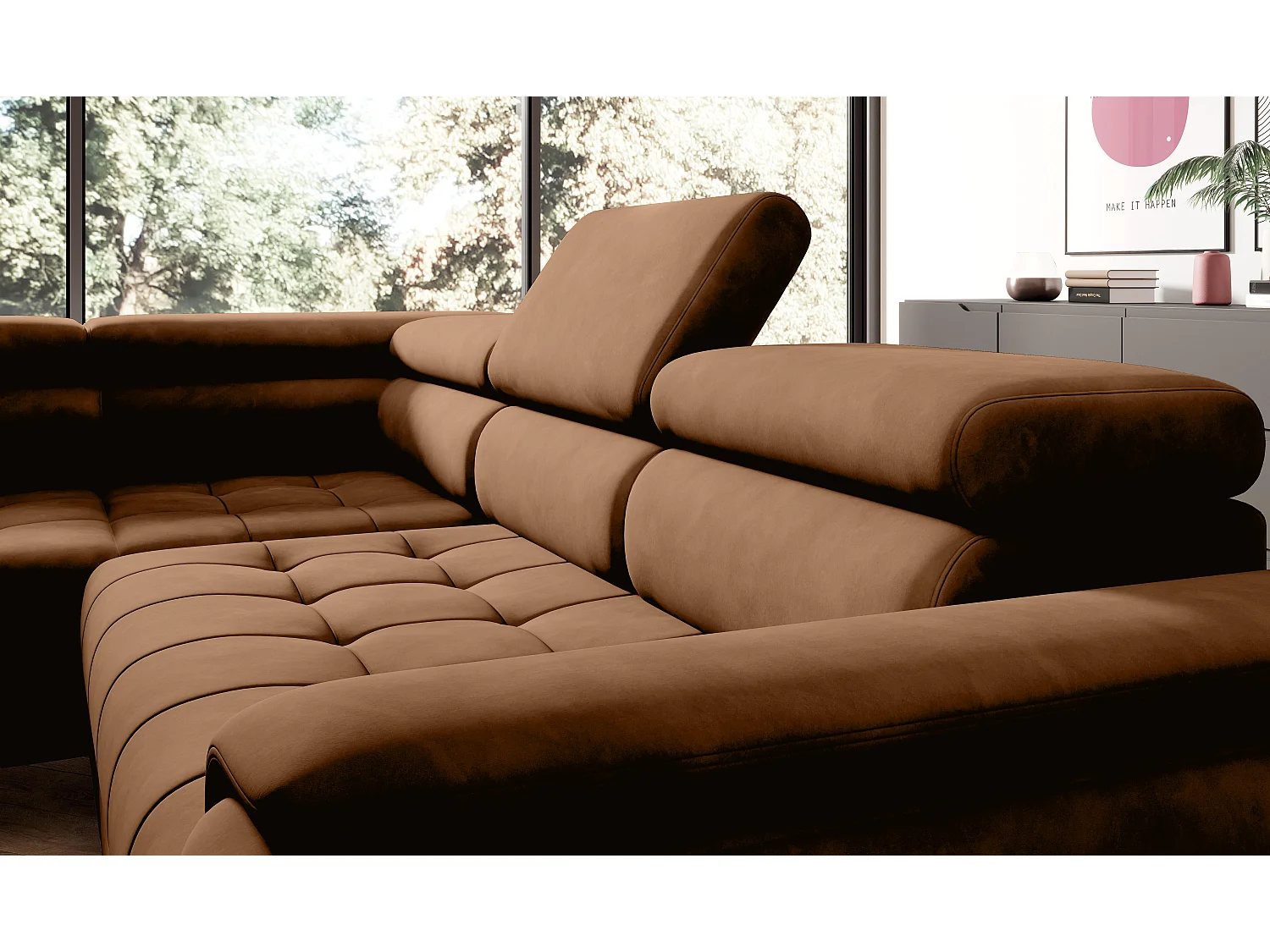 DomoHome Ecksofa Freistehend Mit Schlaffunktion Und Verstellbaren Kopfstützen, Chaiselongue, Linke Seite, 278×197×76/98 cm, Stoffbezug In Hellbraun