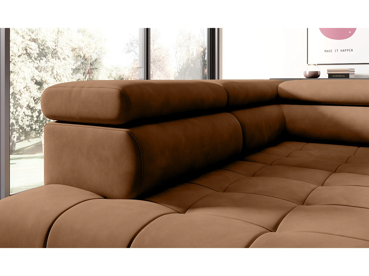 DomoHome Ecksofa Freistehend Mit Schlaffunktion Und Verstellbaren Kopfstützen, Chaiselongue, Linke Seite, 278×197×76/98 cm, Stoffbezug In Hellbraun