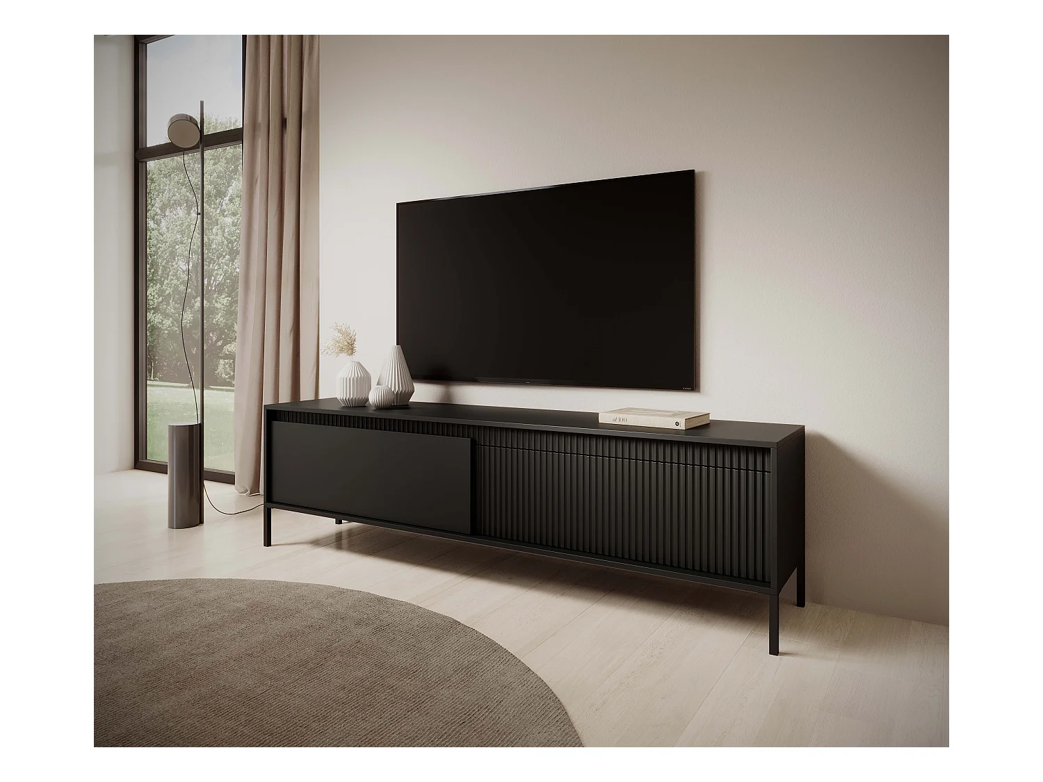 Meuble TV Noir 40x188x54 cm SENSO – Design Moderne, Façades MDF Rainurées, Push-to-Open, Pieds Métal, Rangement Salon