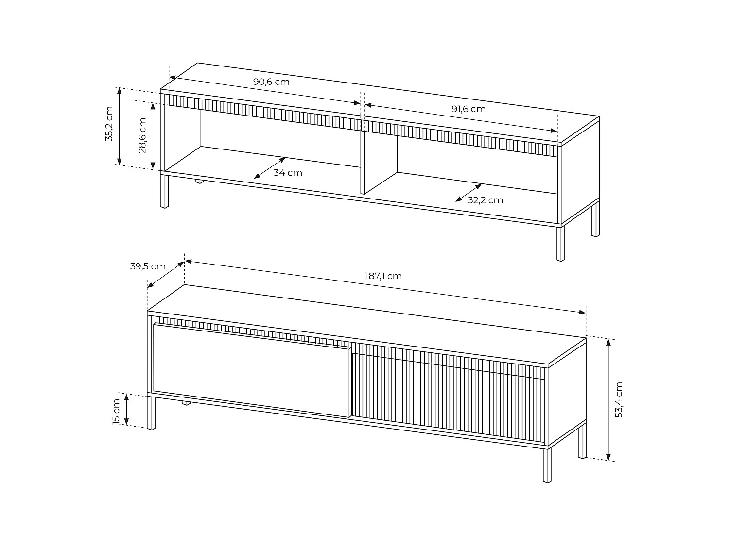 Meuble TV Noir 40x188x54 cm SENSO – Design Moderne, Façades MDF Rainurées, Push-to-Open, Pieds Métal, Rangement Salon