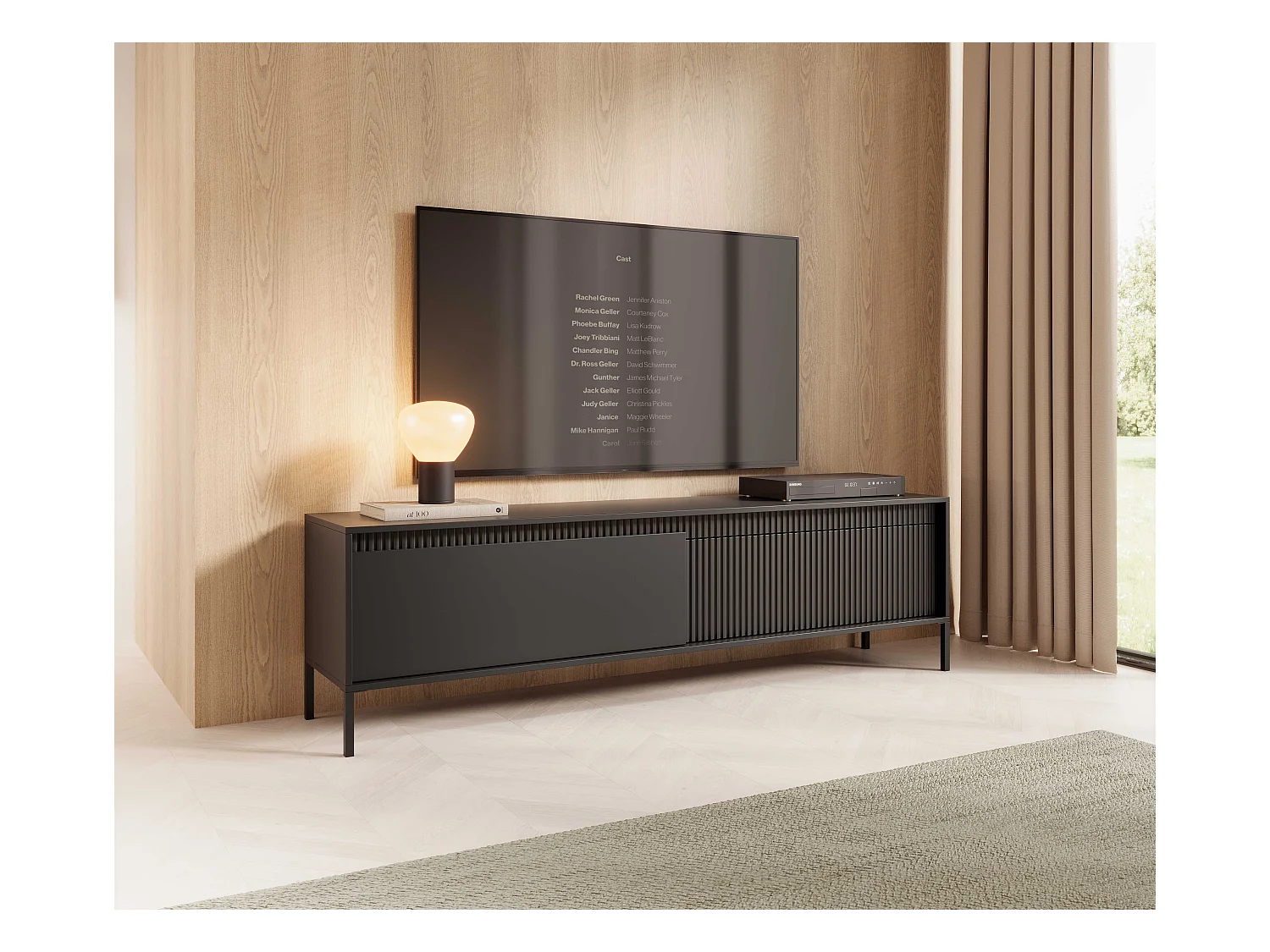 Meuble TV Noir 40x188x54 cm SENSO – Design Moderne, Façades MDF Rainurées, Push-to-Open, Pieds Métal, Rangement Salon