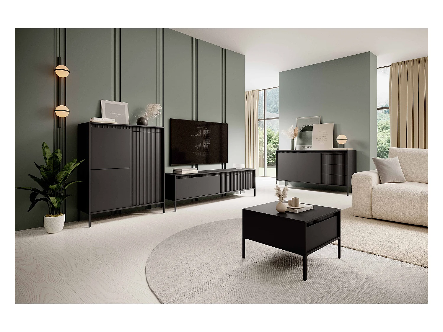 Meuble TV Noir 40x188x54 cm SENSO – Design Moderne, Façades MDF Rainurées, Push-to-Open, Pieds Métal, Rangement Salon