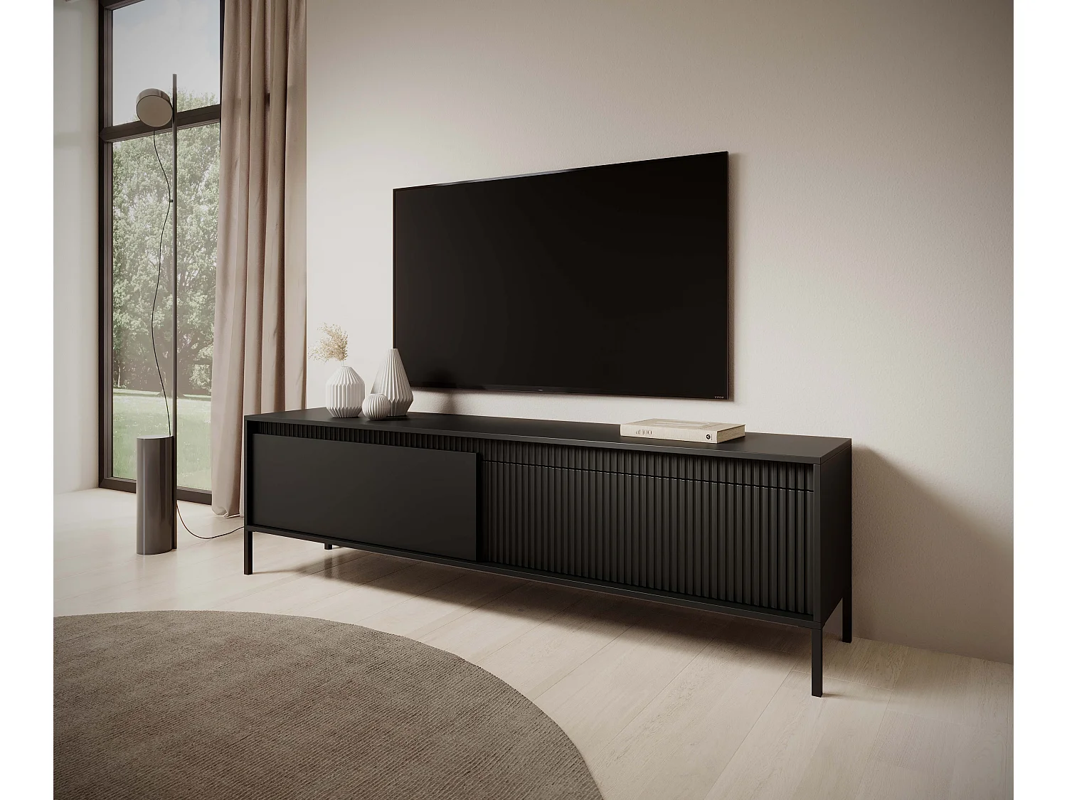 Meuble TV Noir 40x188x54 cm SENSO – Design Moderne, Façades MDF Rainurées, Push-to-Open, Pieds Métal, Rangement Salon