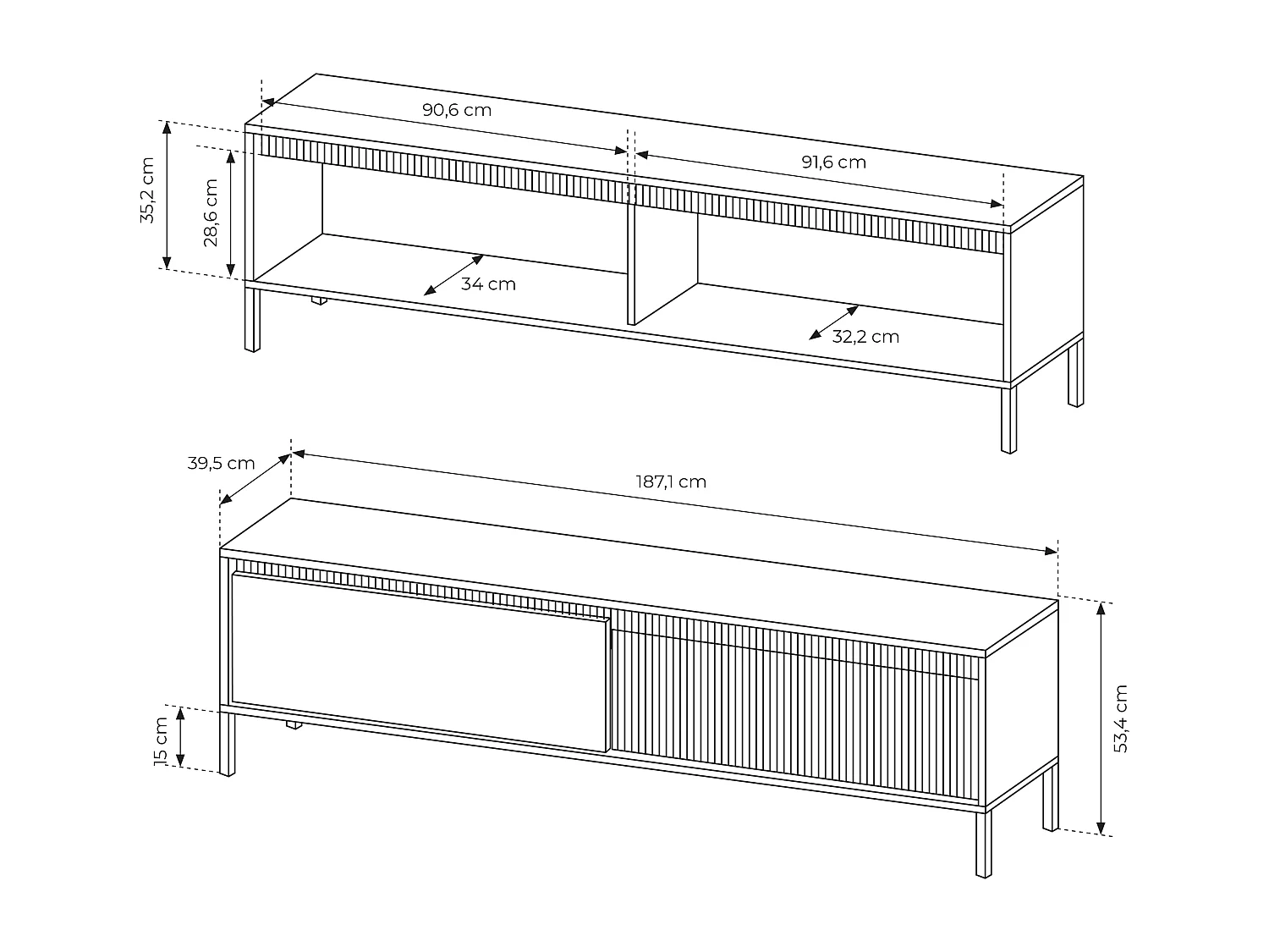Meuble TV Noir 40x188x54 cm SENSO – Design Moderne, Façades MDF Rainurées, Push-to-Open, Pieds Métal, Rangement Salon