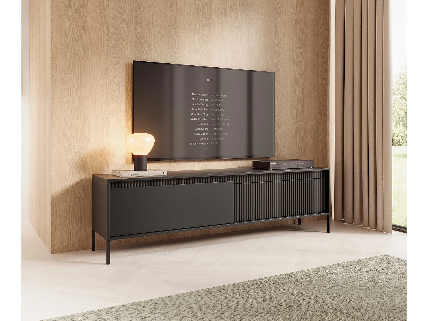 Meuble TV Noir 40x188x54 cm SENSO – Design Moderne, Façades MDF Rainurées, Push-to-Open, Pieds Métal, Rangement Salon