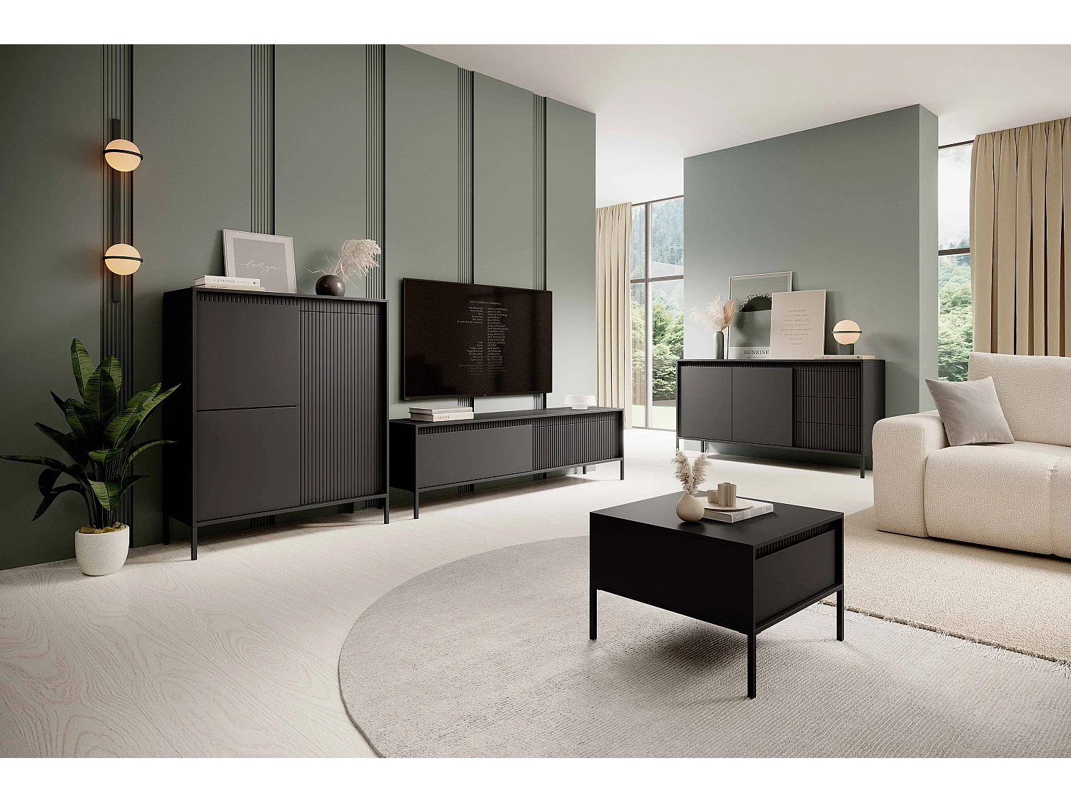 Meuble TV Noir 40x188x54 cm SENSO – Design Moderne, Façades MDF Rainurées, Push-to-Open, Pieds Métal, Rangement Salon