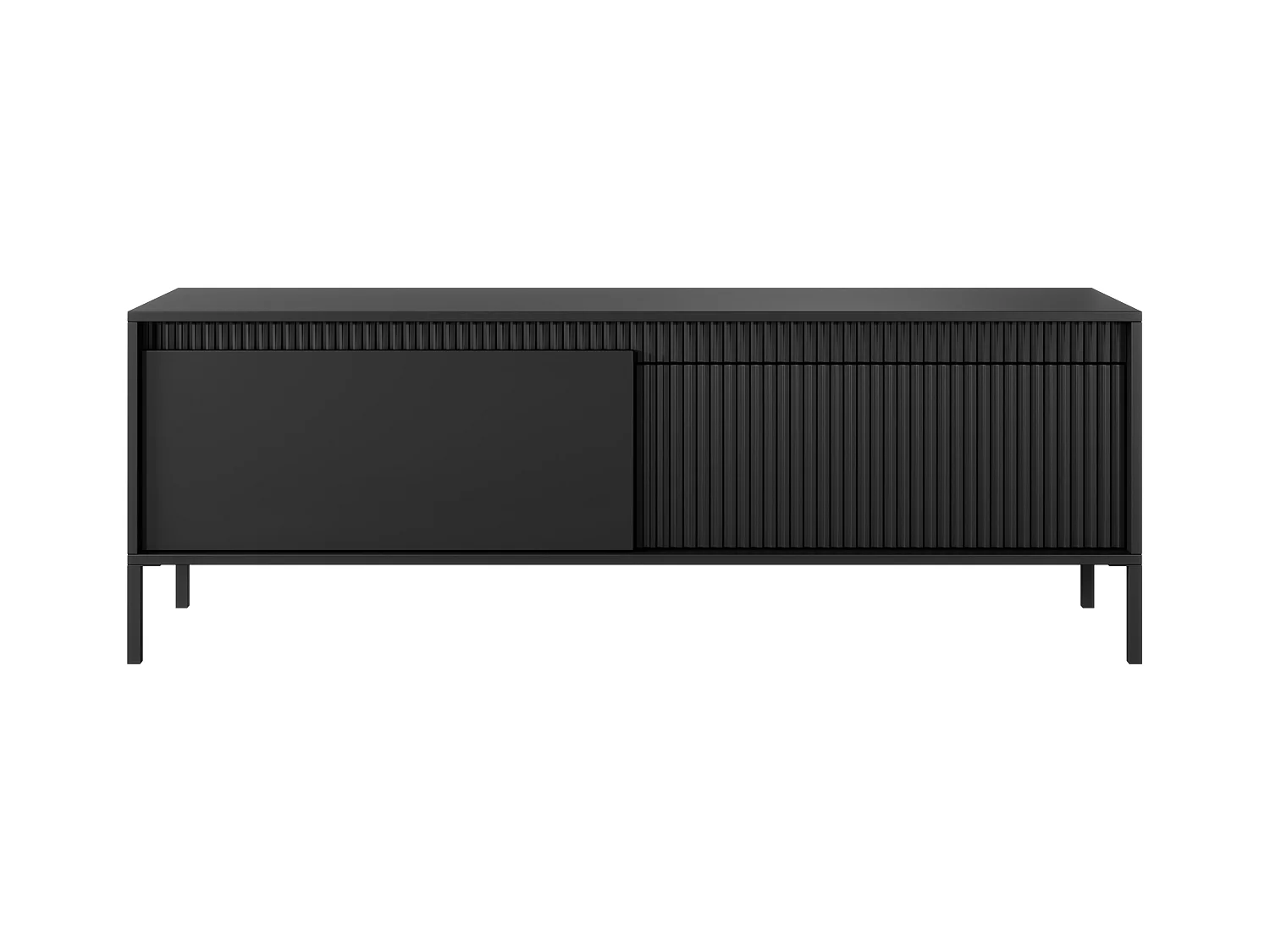 Meuble TV Noir 153 cm SENSO – Design Moderne, Façades MDF Rainurées, Push-to-Open, Pieds Métal, Rangement Salon