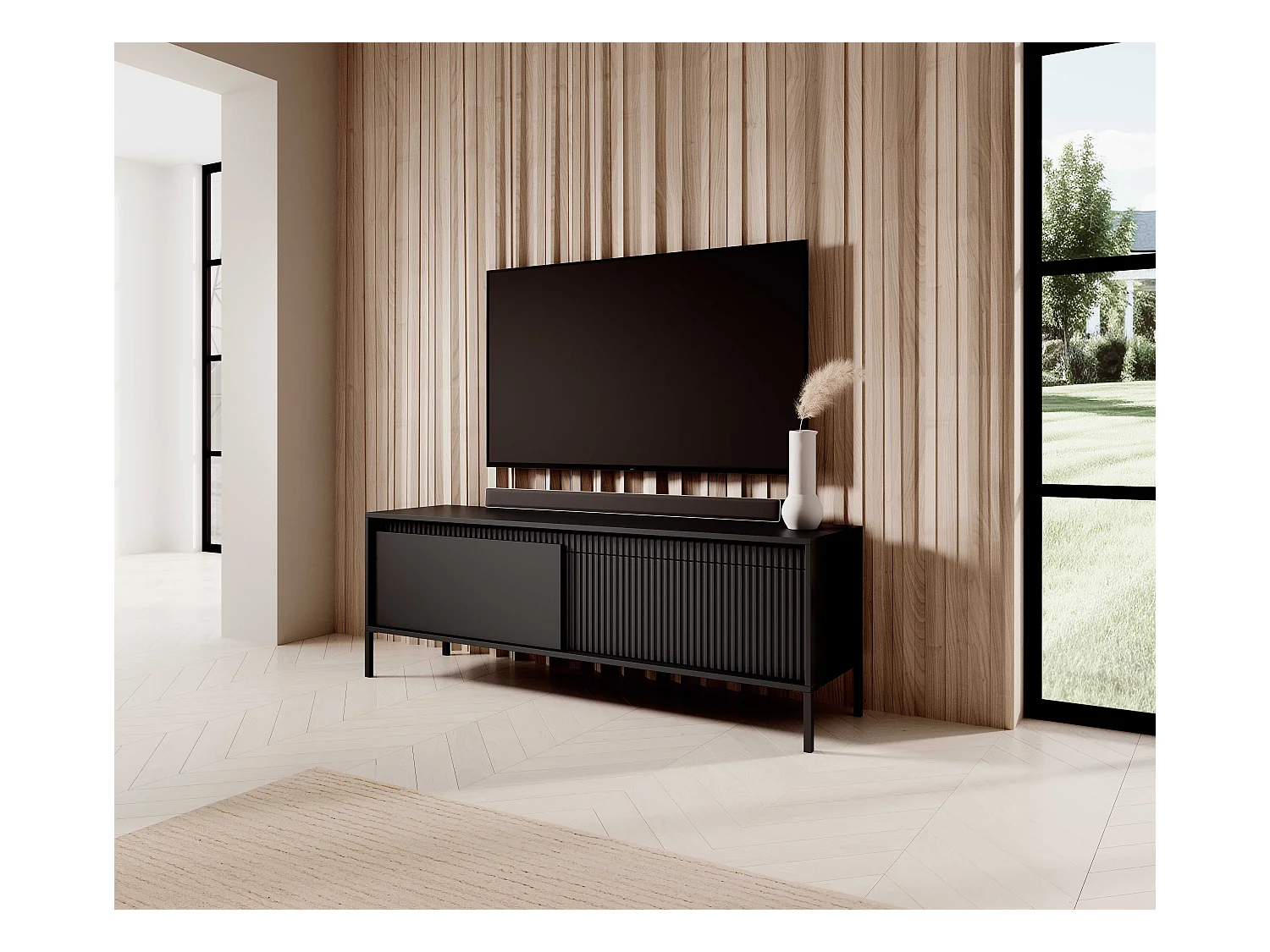 Meuble TV Noir 153 cm SENSO – Design Moderne, Façades MDF Rainurées, Push-to-Open, Pieds Métal, Rangement Salon