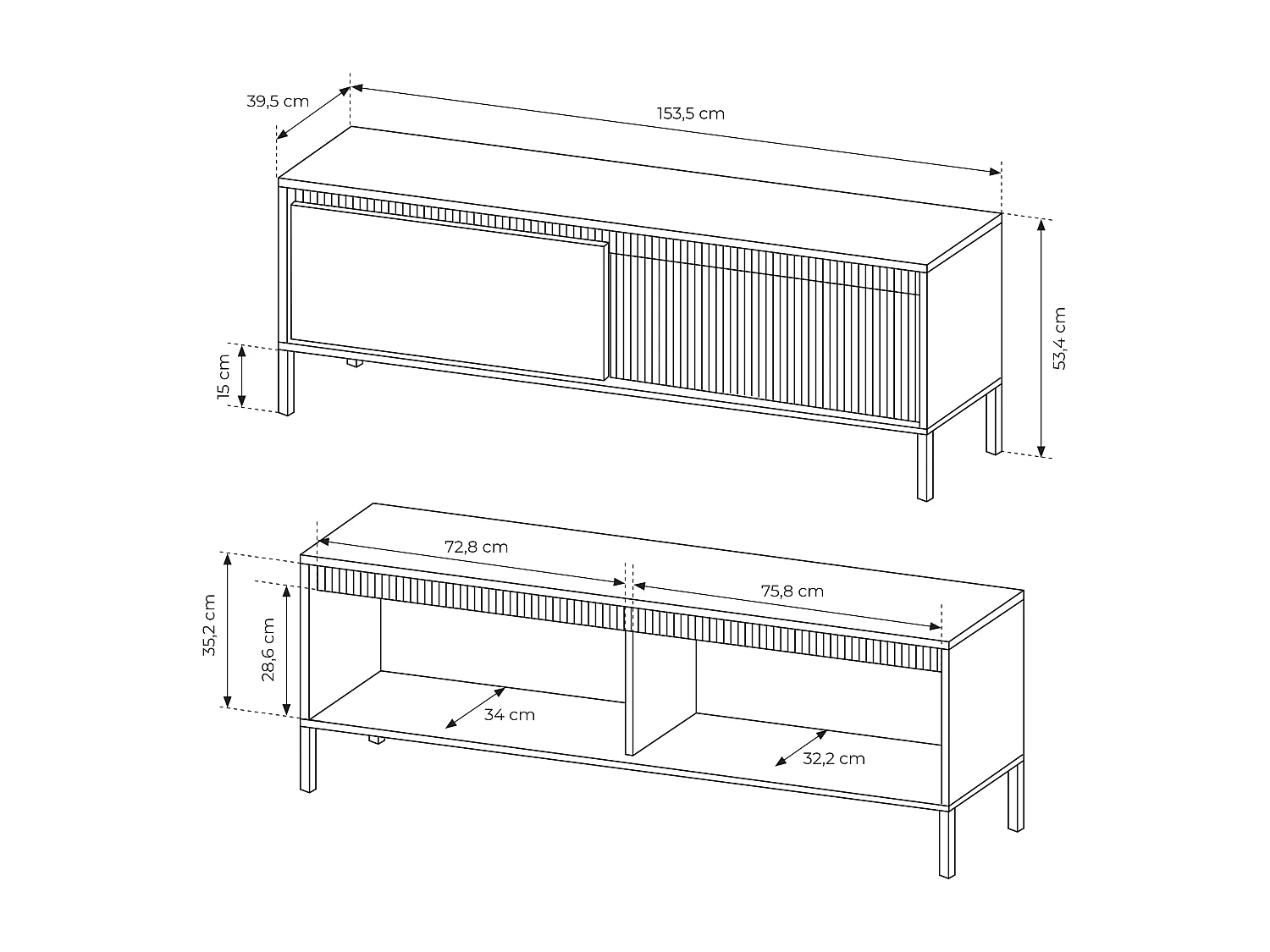 Meuble TV Noir 153 cm SENSO – Design Moderne, Façades MDF Rainurées, Push-to-Open, Pieds Métal, Rangement Salon