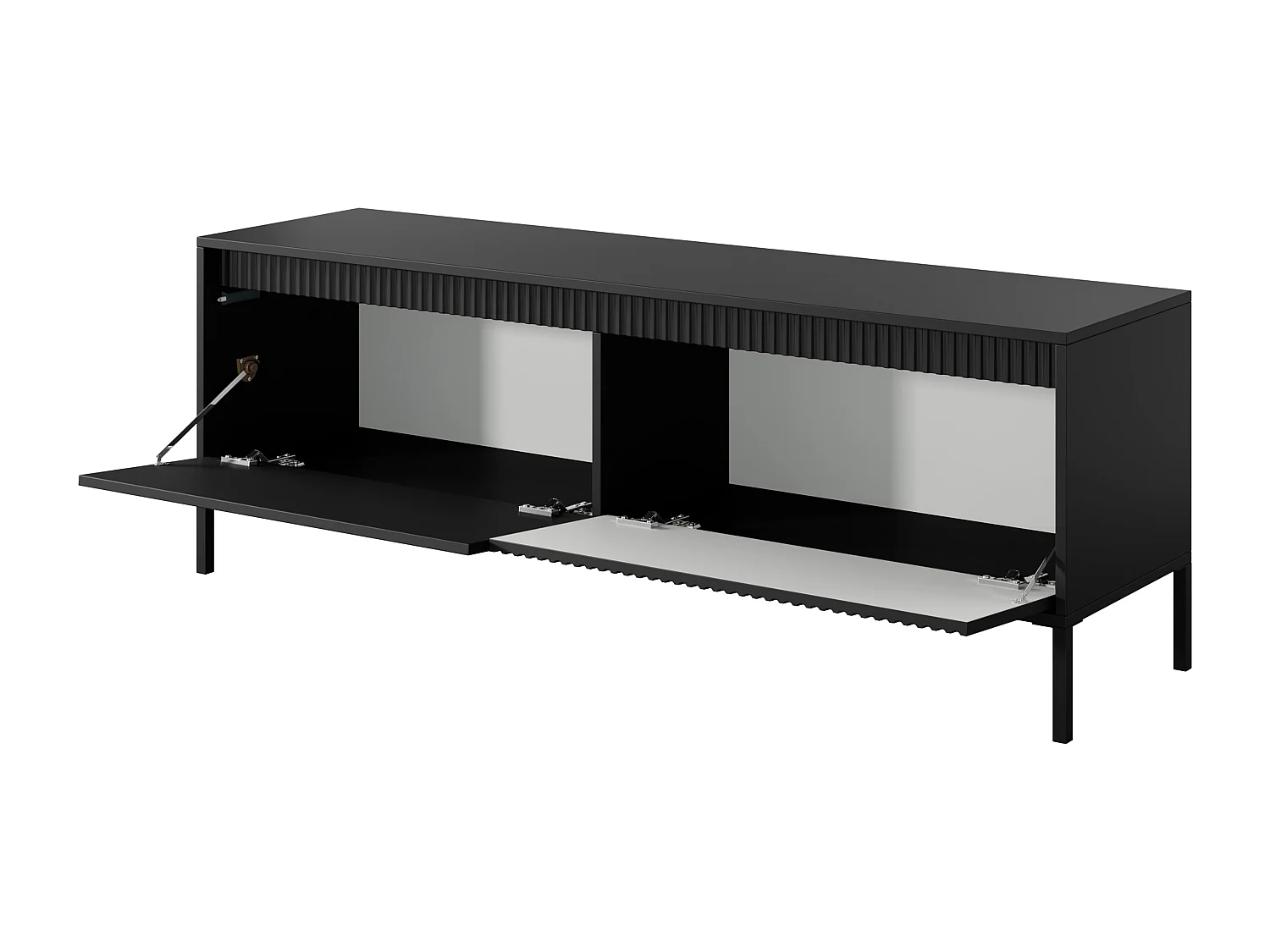 Meuble TV Noir 153 cm SENSO – Design Moderne, Façades MDF Rainurées, Push-to-Open, Pieds Métal, Rangement Salon