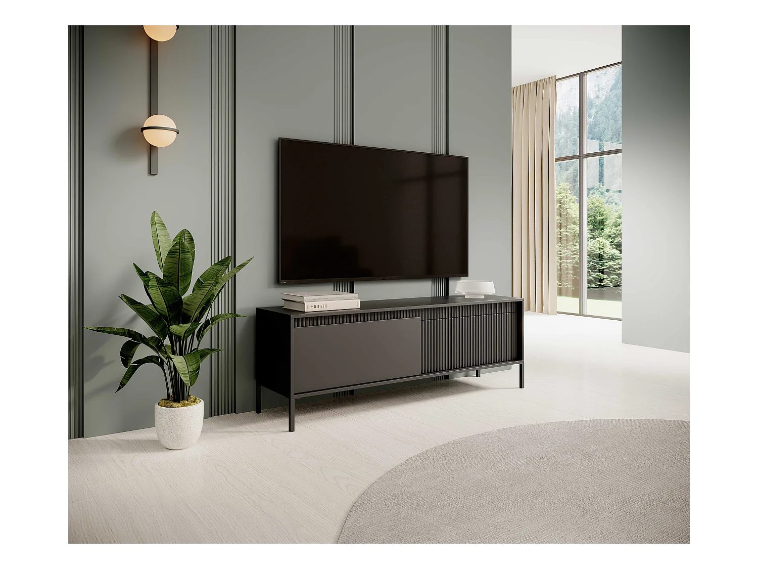 Meuble TV Noir 153 cm SENSO – Design Moderne, Façades MDF Rainurées, Push-to-Open, Pieds Métal, Rangement Salon