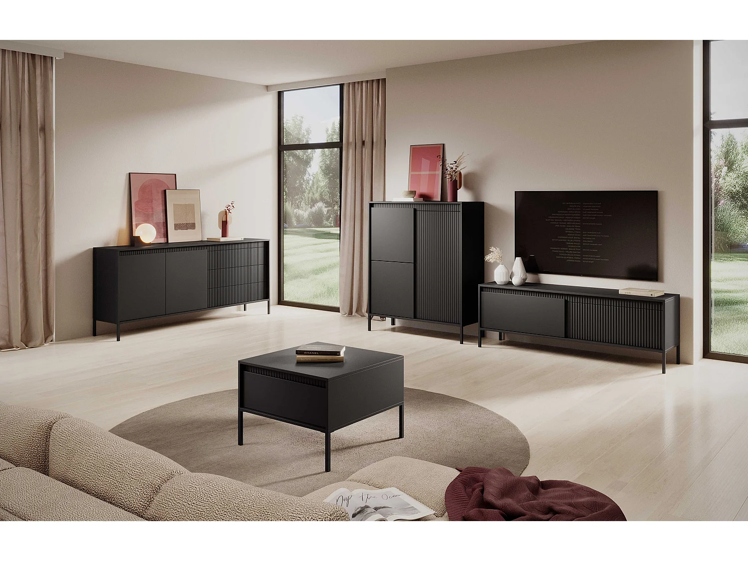 Meuble TV Noir 153 cm SENSO – Design Moderne, Façades MDF Rainurées, Push-to-Open, Pieds Métal, Rangement Salon
