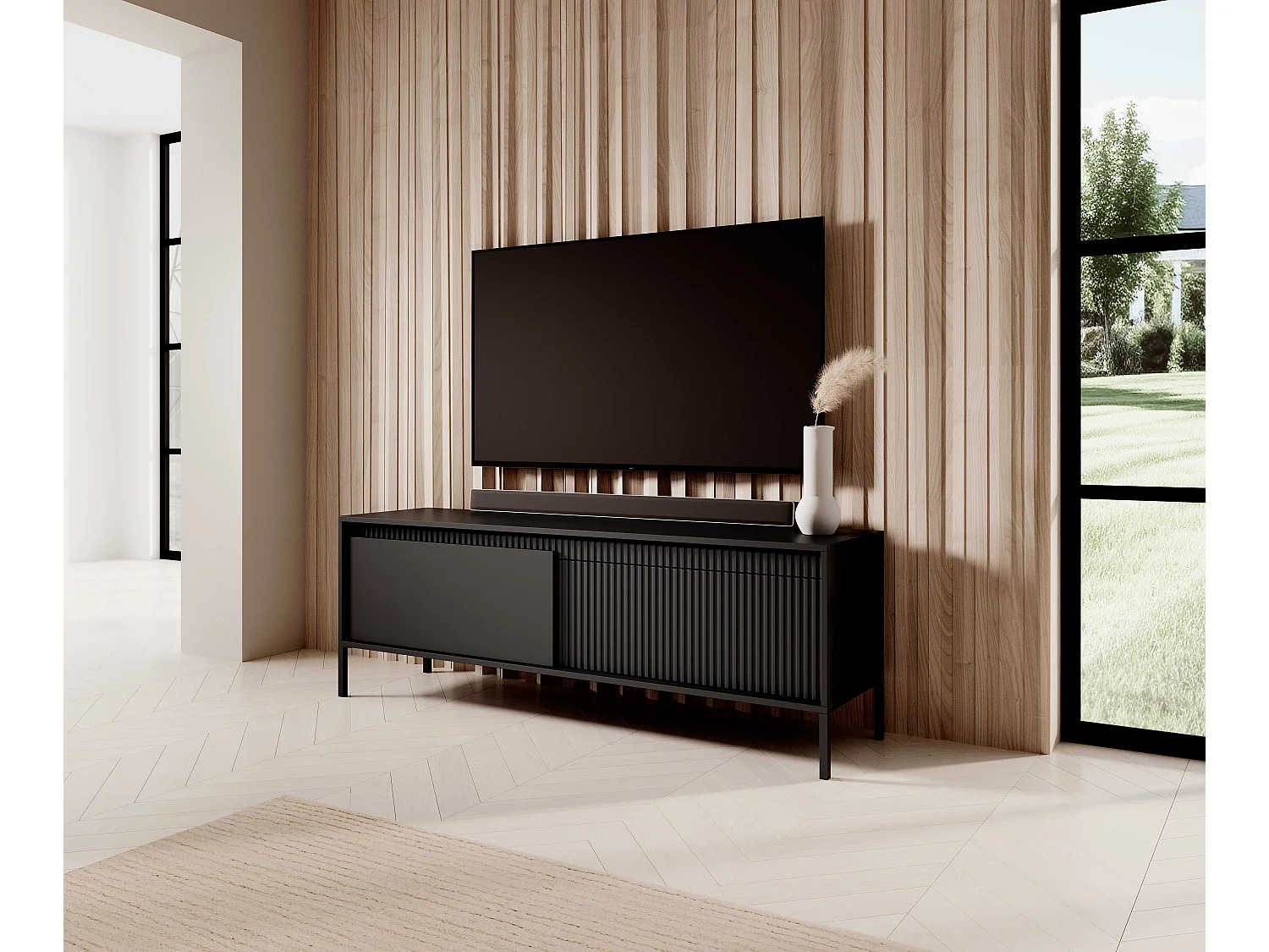 Meuble TV Noir 153 cm SENSO – Design Moderne, Façades MDF Rainurées, Push-to-Open, Pieds Métal, Rangement Salon