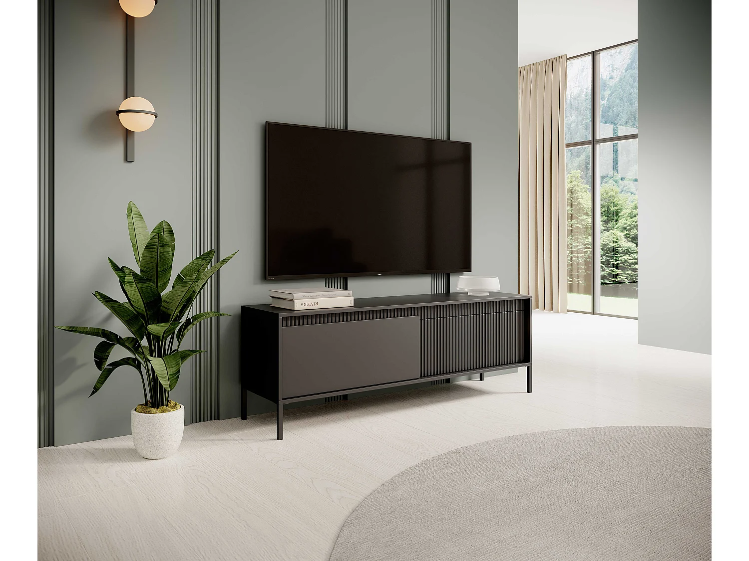 Meuble TV Noir 153 cm SENSO – Design Moderne, Façades MDF Rainurées, Push-to-Open, Pieds Métal, Rangement Salon