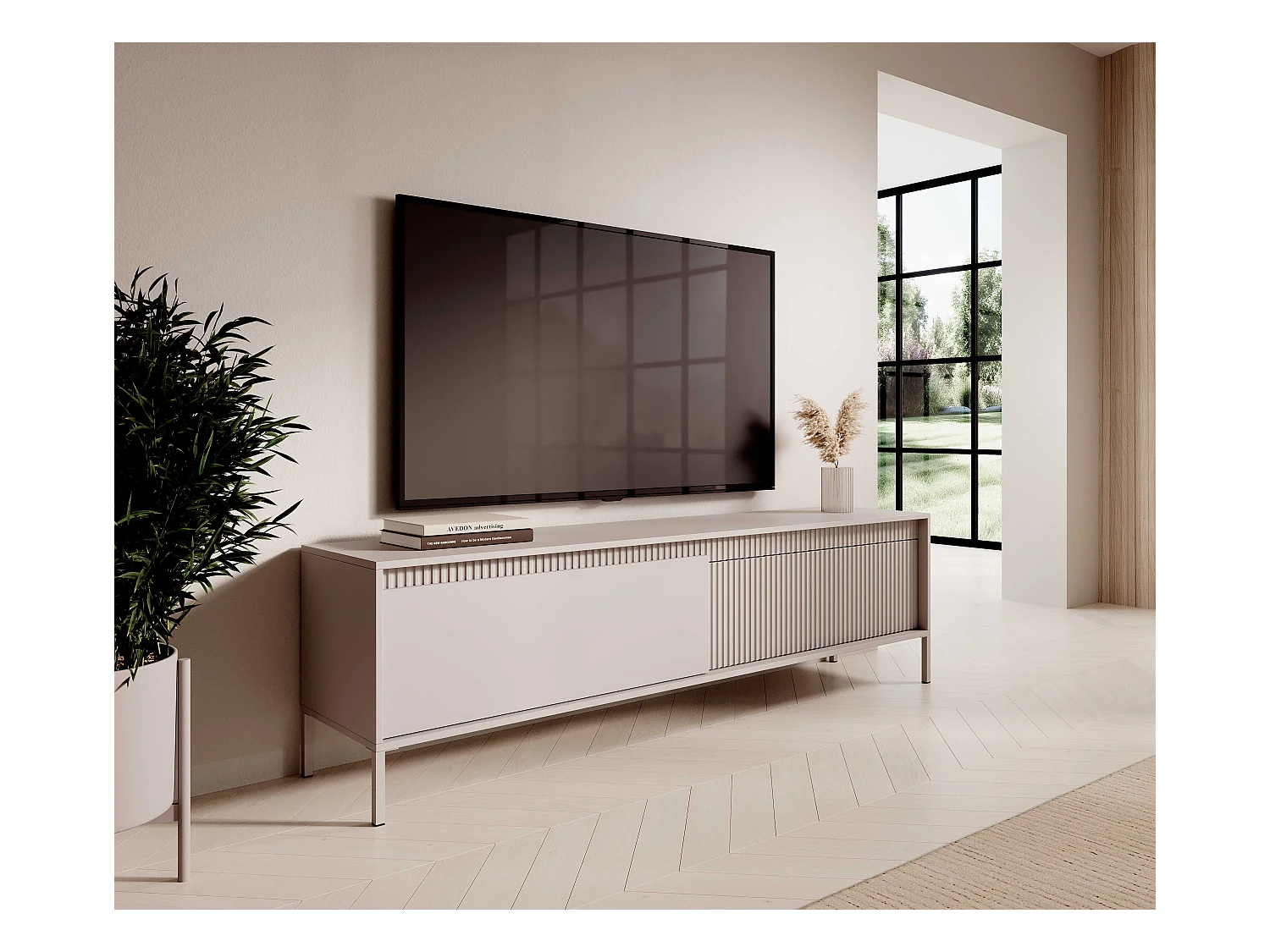Meuble TV Beige 40x188x54 cm SENSO – Design Moderne, Façades MDF Rainurées, Push-to-Open, Pieds Métal, Rangement Salon