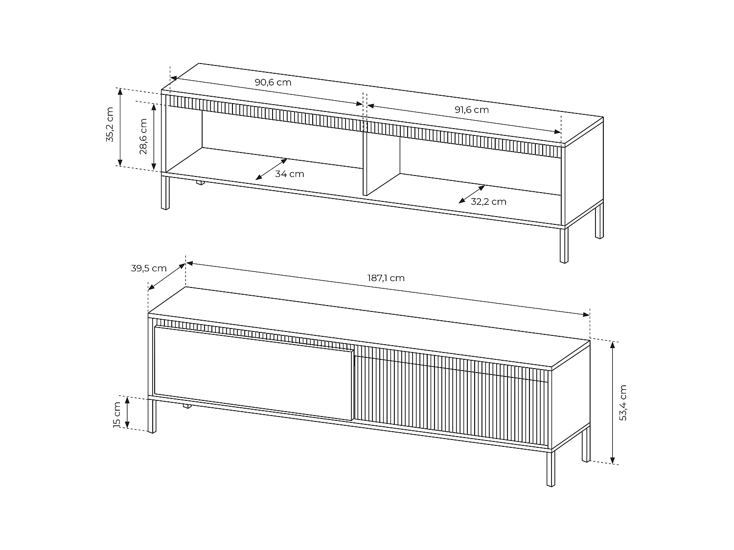 Meuble TV Beige 40x188x54 cm SENSO – Design Moderne, Façades MDF Rainurées, Push-to-Open, Pieds Métal, Rangement Salon
