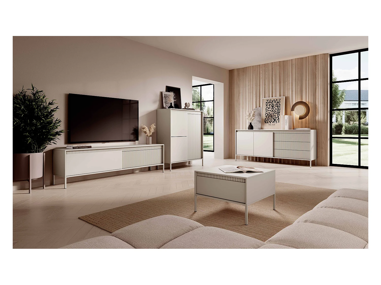 Meuble TV Beige 40x188x54 cm SENSO – Design Moderne, Façades MDF Rainurées, Push-to-Open, Pieds Métal, Rangement Salon