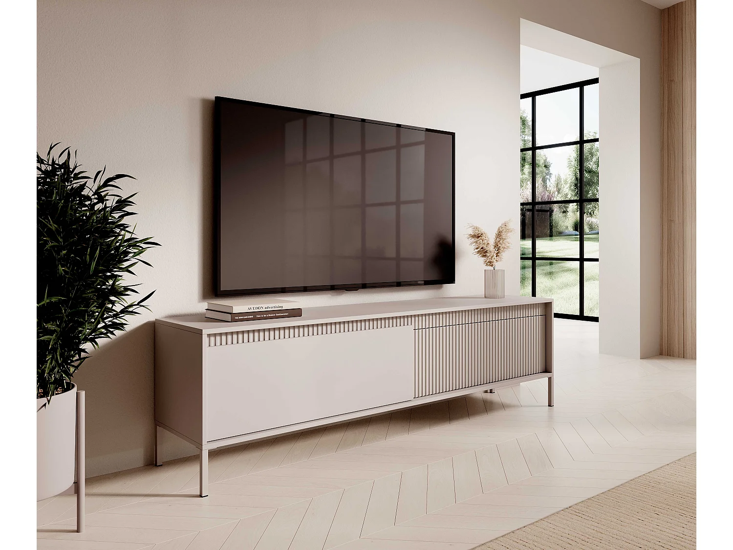 Meuble TV Beige 40x188x54 cm SENSO – Design Moderne, Façades MDF Rainurées, Push-to-Open, Pieds Métal, Rangement Salon
