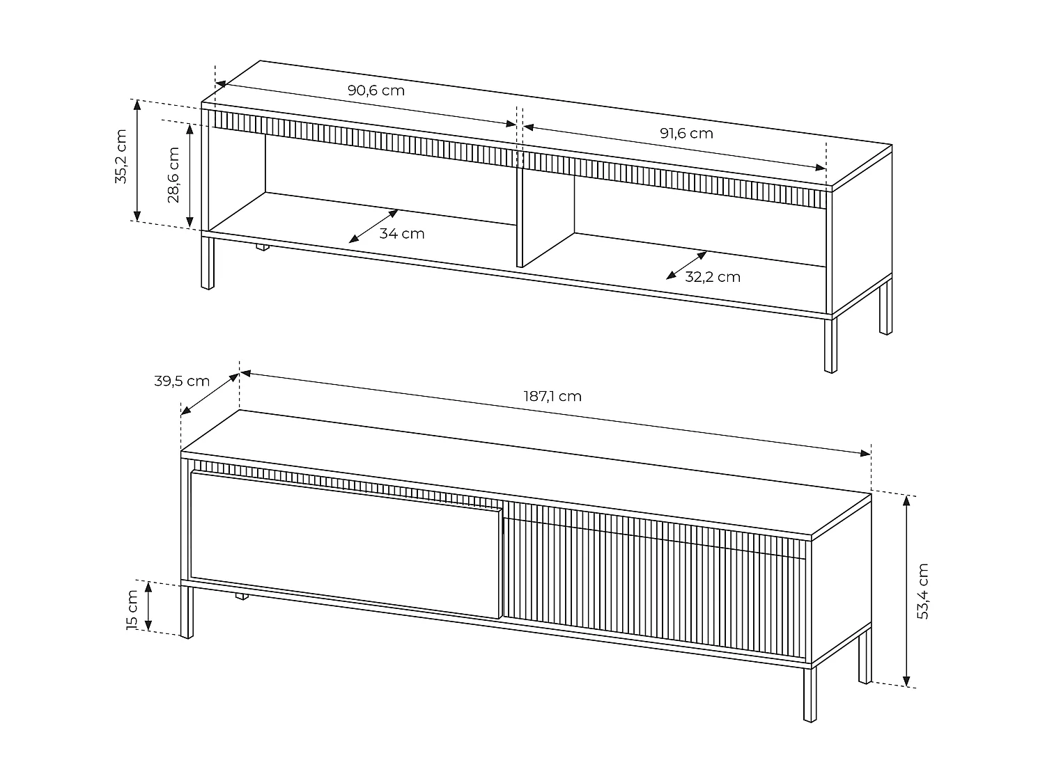 Meuble TV Beige 40x188x54 cm SENSO – Design Moderne, Façades MDF Rainurées, Push-to-Open, Pieds Métal, Rangement Salon