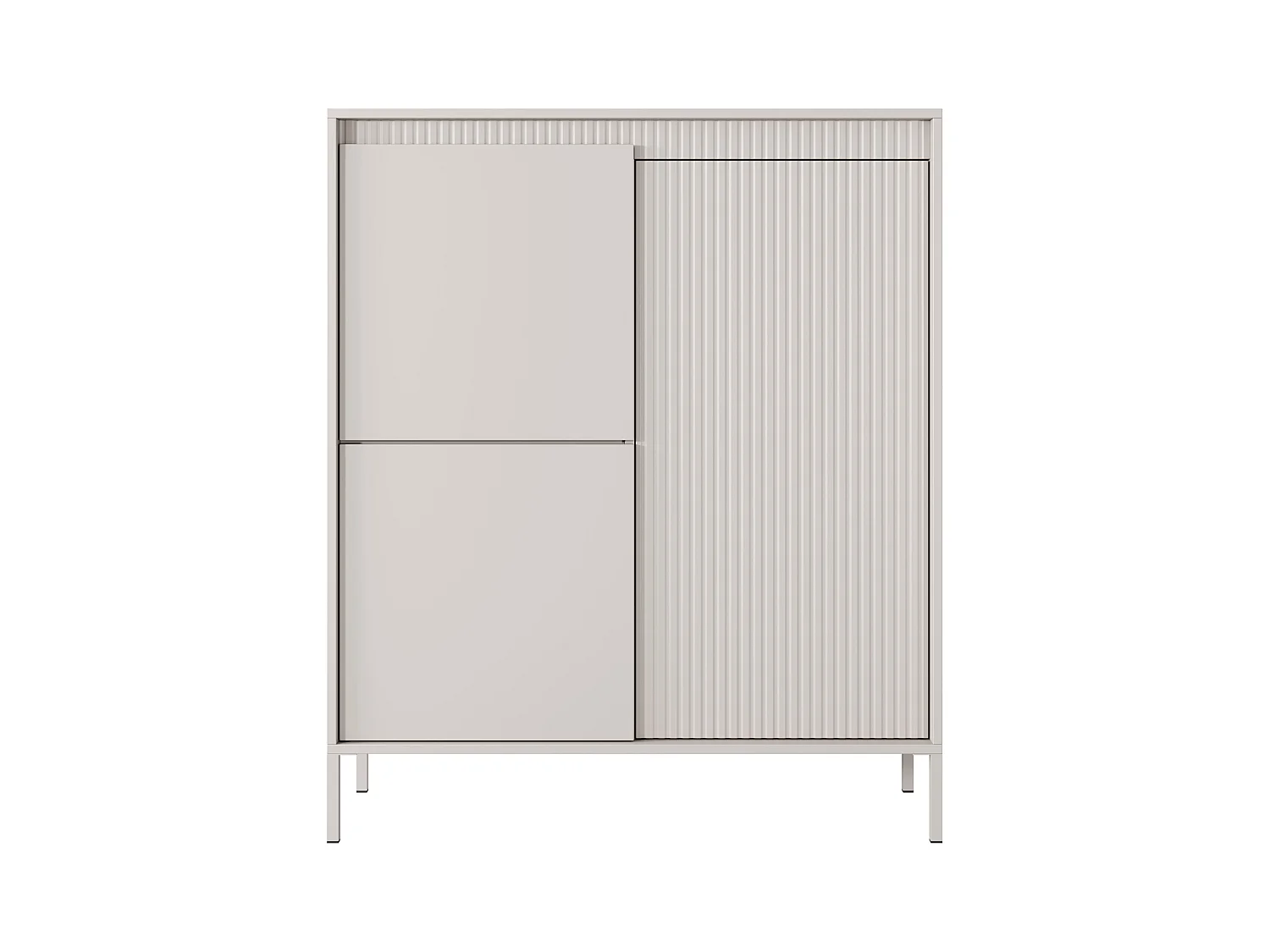 Commode Haute Beige 3 Portes SENSO 103,5x123,4x39,5 cm – Design Moderne, Façades Rainurées, Push-to-Open, Pieds Métal, Rangement Salon