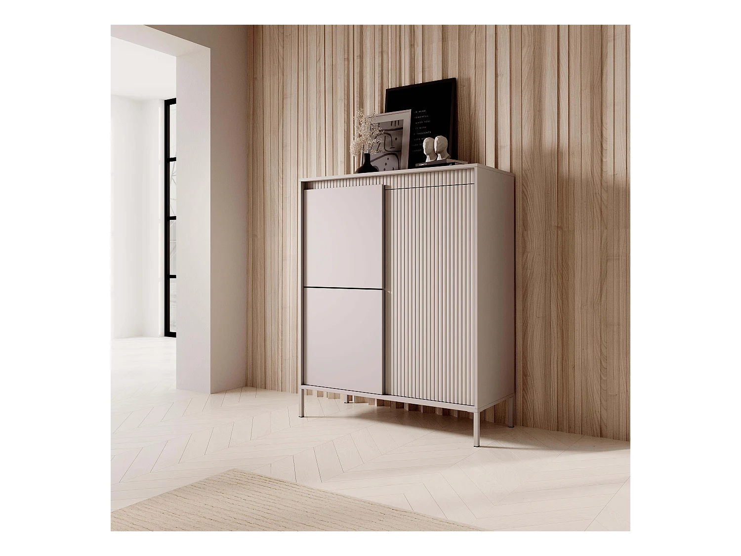 Commode Haute Beige 3 Portes SENSO 103,5x123,4x39,5 cm – Design Moderne, Façades Rainurées, Push-to-Open, Pieds Métal, Rangement Salon