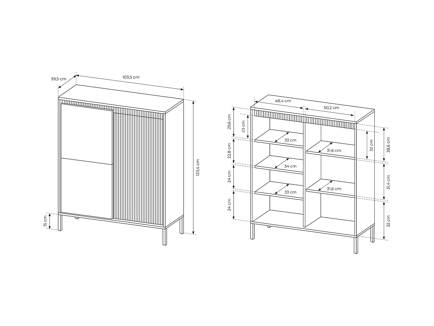 Commode Haute Beige 3 Portes SENSO 103,5x123,4x39,5 cm – Design Moderne, Façades Rainurées, Push-to-Open, Pieds Métal, Rangement Salon