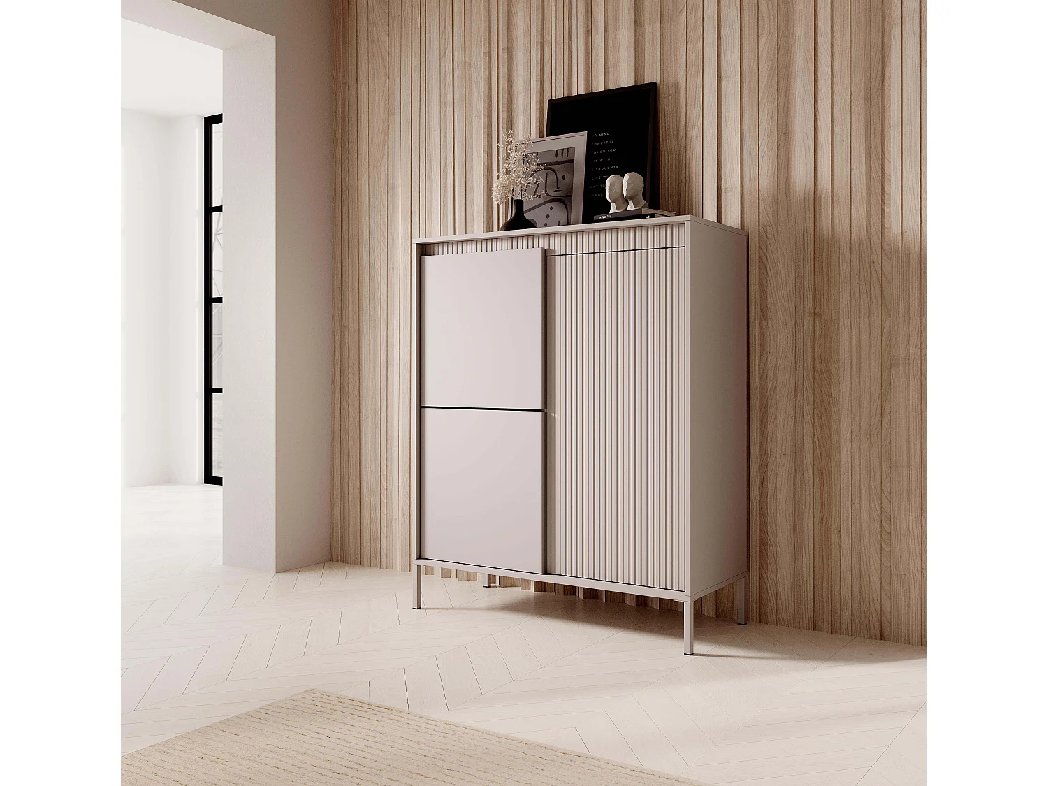 Commode Haute Beige 3 Portes SENSO 103,5x123,4x39,5 cm – Design Moderne, Façades Rainurées, Push-to-Open, Pieds Métal, Rangement Salon