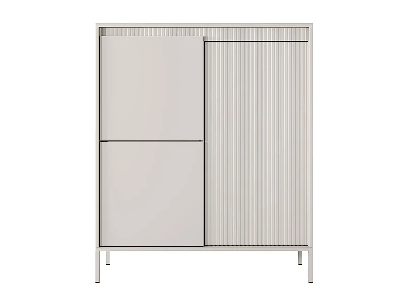 Commode Haute Beige 3 Portes SENSO 103,5x123,4x39,5 cm – Design Moderne, Façades Rainurées, Push-to-Open, Pieds Métal, Rangement Salon