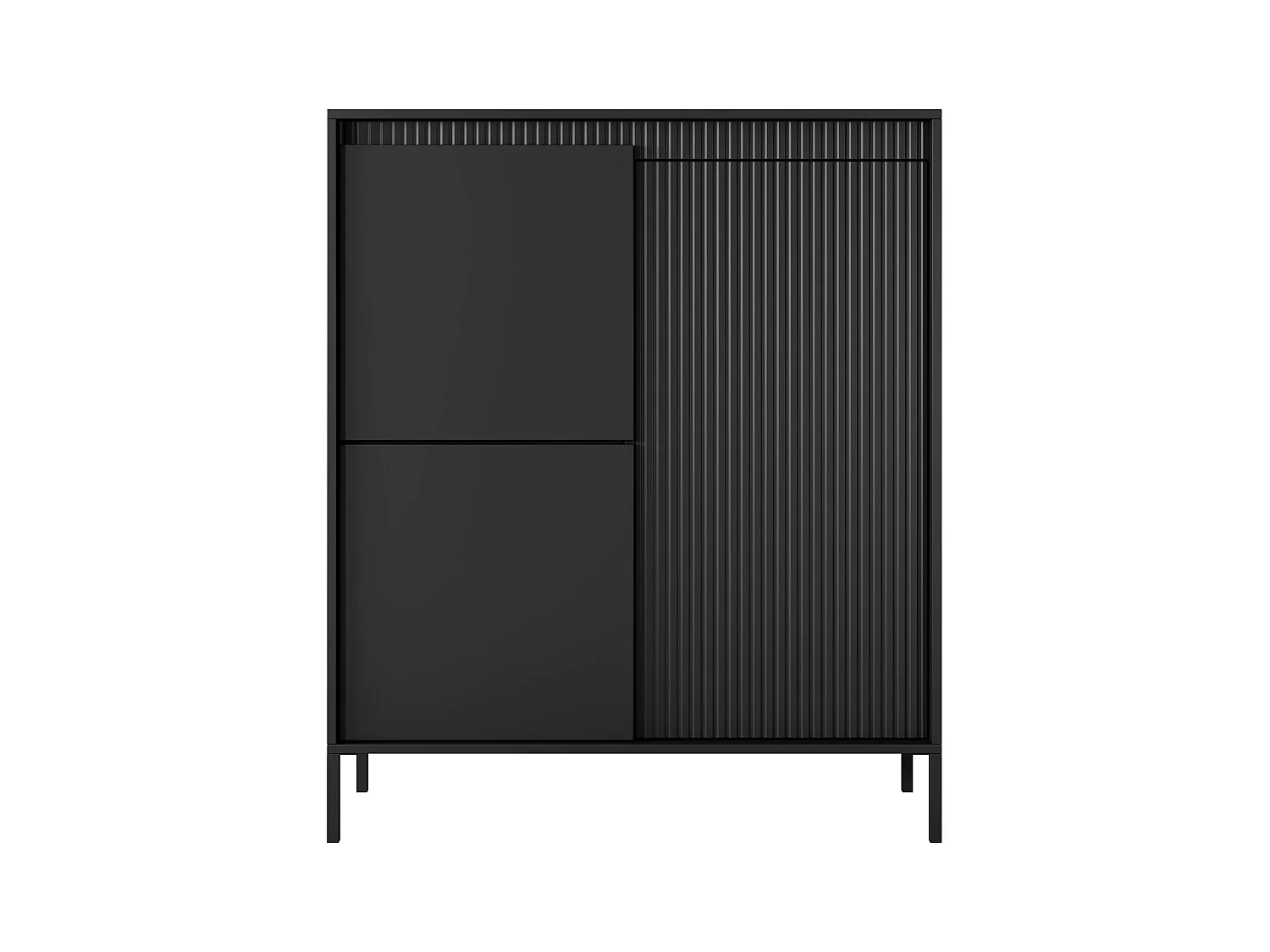 Commode Haute Noire 3 Portes SENSO 103,5x123,4x39,5 cm – Design Moderne, Façades Rainurées, Push-to-Open, Pieds Métal, Rangement Salon