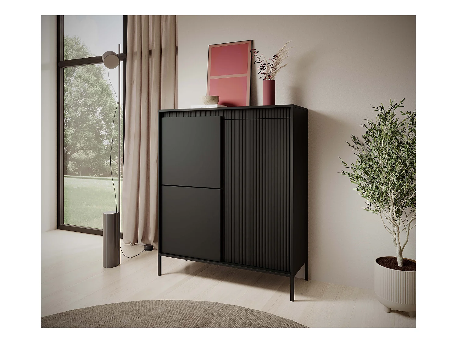 Commode Haute Noire 3 Portes SENSO 103,5x123,4x39,5 cm – Design Moderne, Façades Rainurées, Push-to-Open, Pieds Métal, Rangement Salon