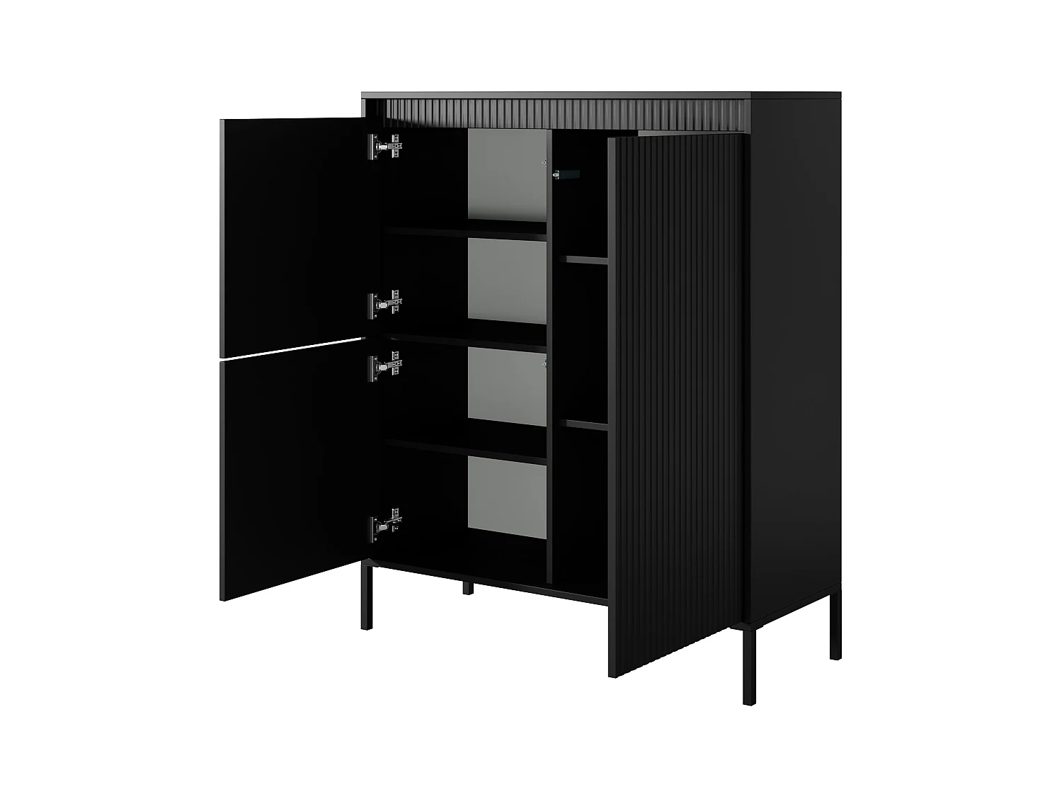 Commode Haute Noire 3 Portes SENSO 103,5x123,4x39,5 cm – Design Moderne, Façades Rainurées, Push-to-Open, Pieds Métal, Rangement Salon