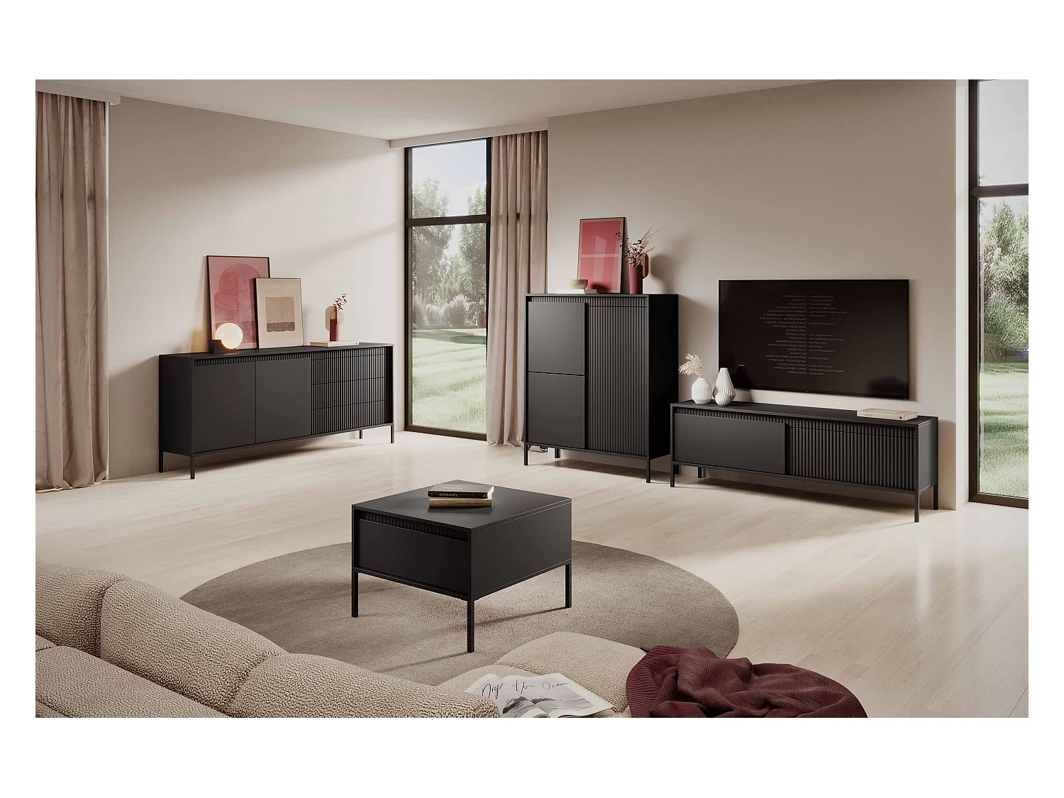 Commode Haute Noire 3 Portes SENSO 103,5x123,4x39,5 cm – Design Moderne, Façades Rainurées, Push-to-Open, Pieds Métal, Rangement Salon