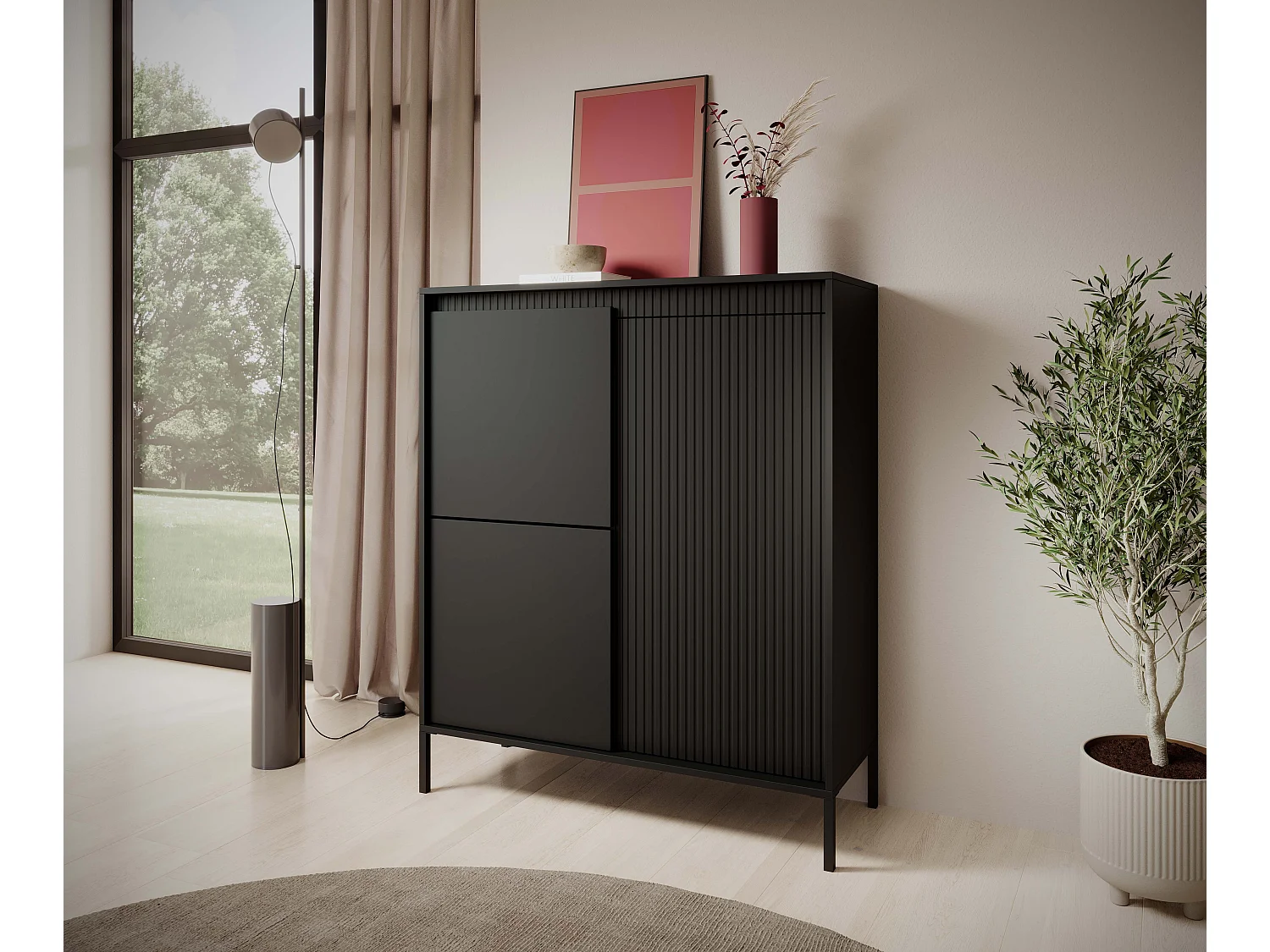 Commode Haute Noire 3 Portes SENSO 103,5x123,4x39,5 cm – Design Moderne, Façades Rainurées, Push-to-Open, Pieds Métal, Rangement Salon