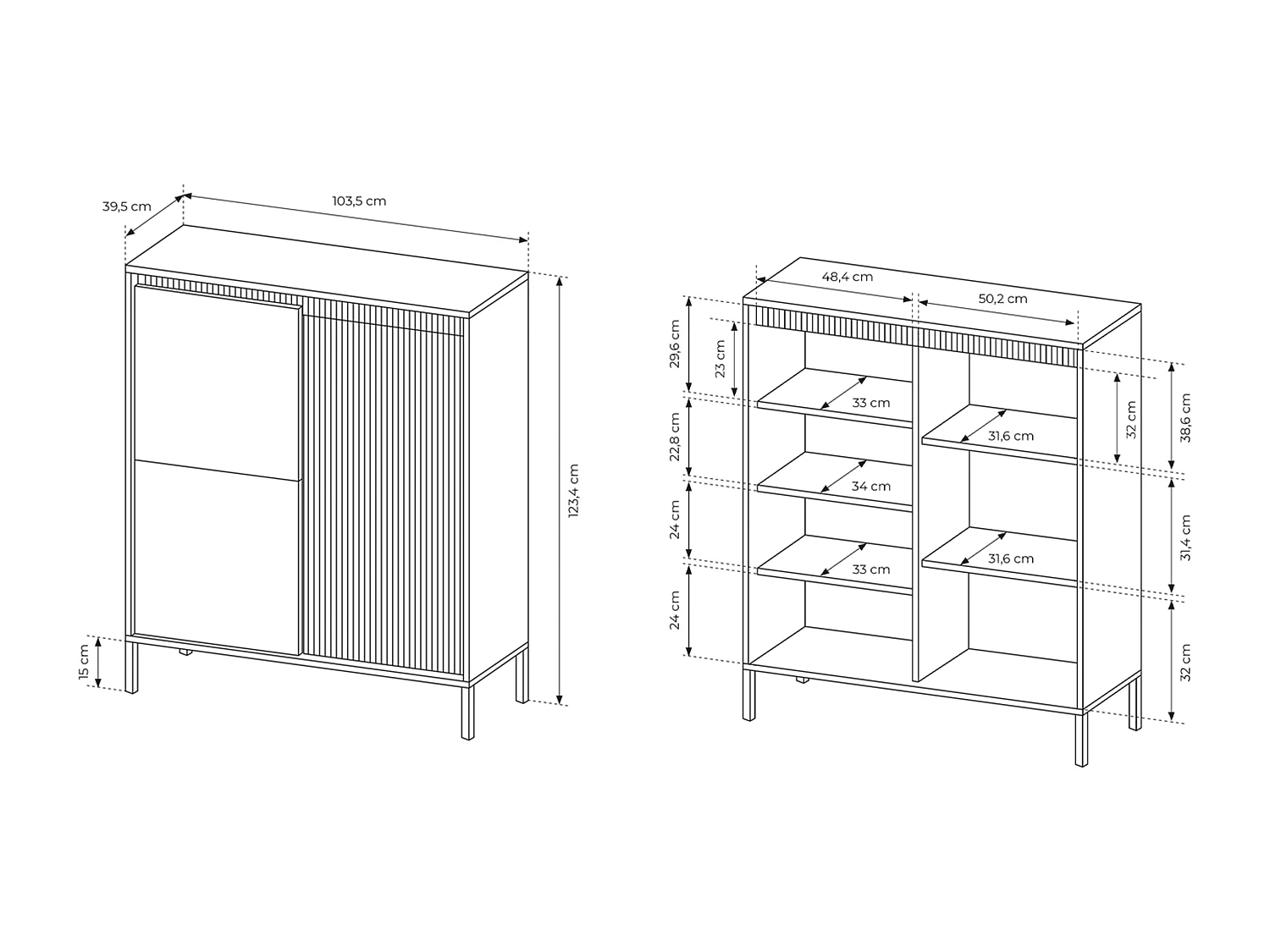 Commode Haute Noire 3 Portes SENSO 103,5x123,4x39,5 cm – Design Moderne, Façades Rainurées, Push-to-Open, Pieds Métal, Rangement Salon